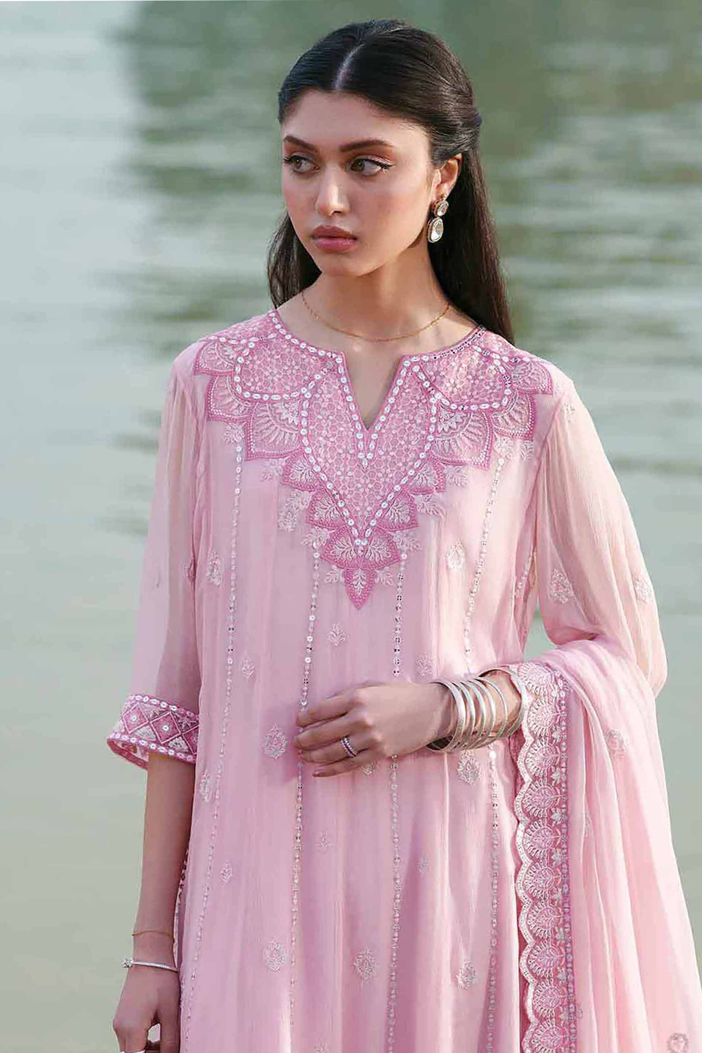 3 Piece - Embroidered Suit - KFE26-99 Pink Chiffon Embroidered