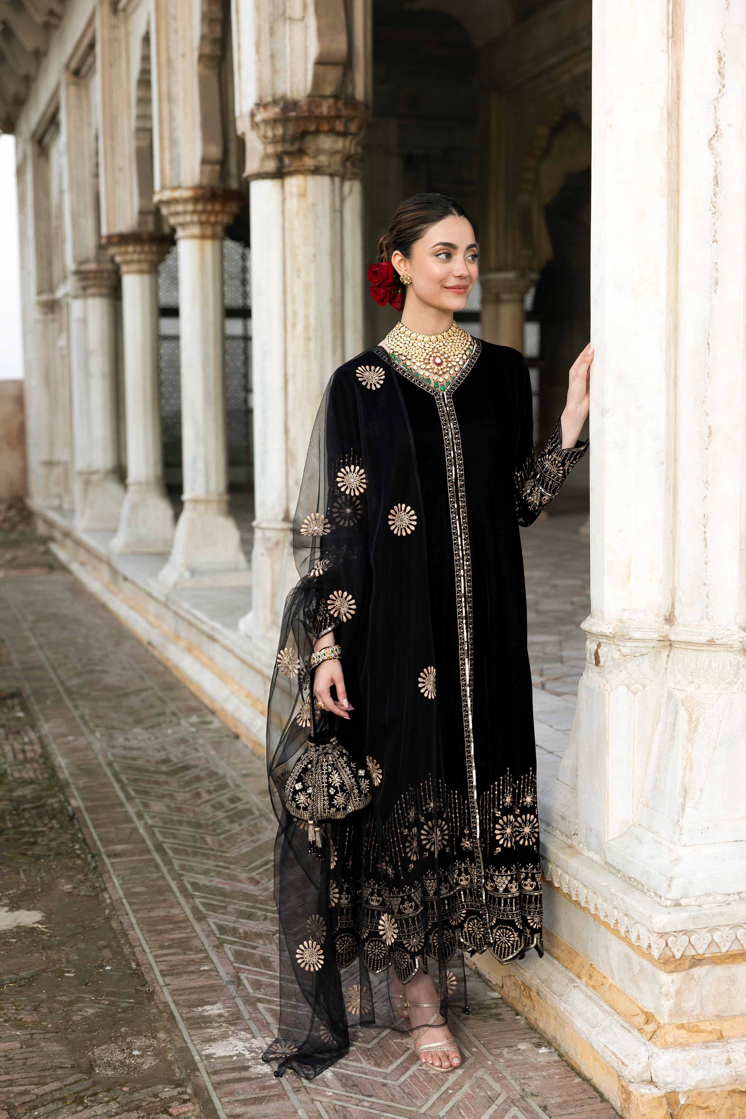 NISHATUAE - Black Embroidered Velvet 3-piece Ready to wear Suit