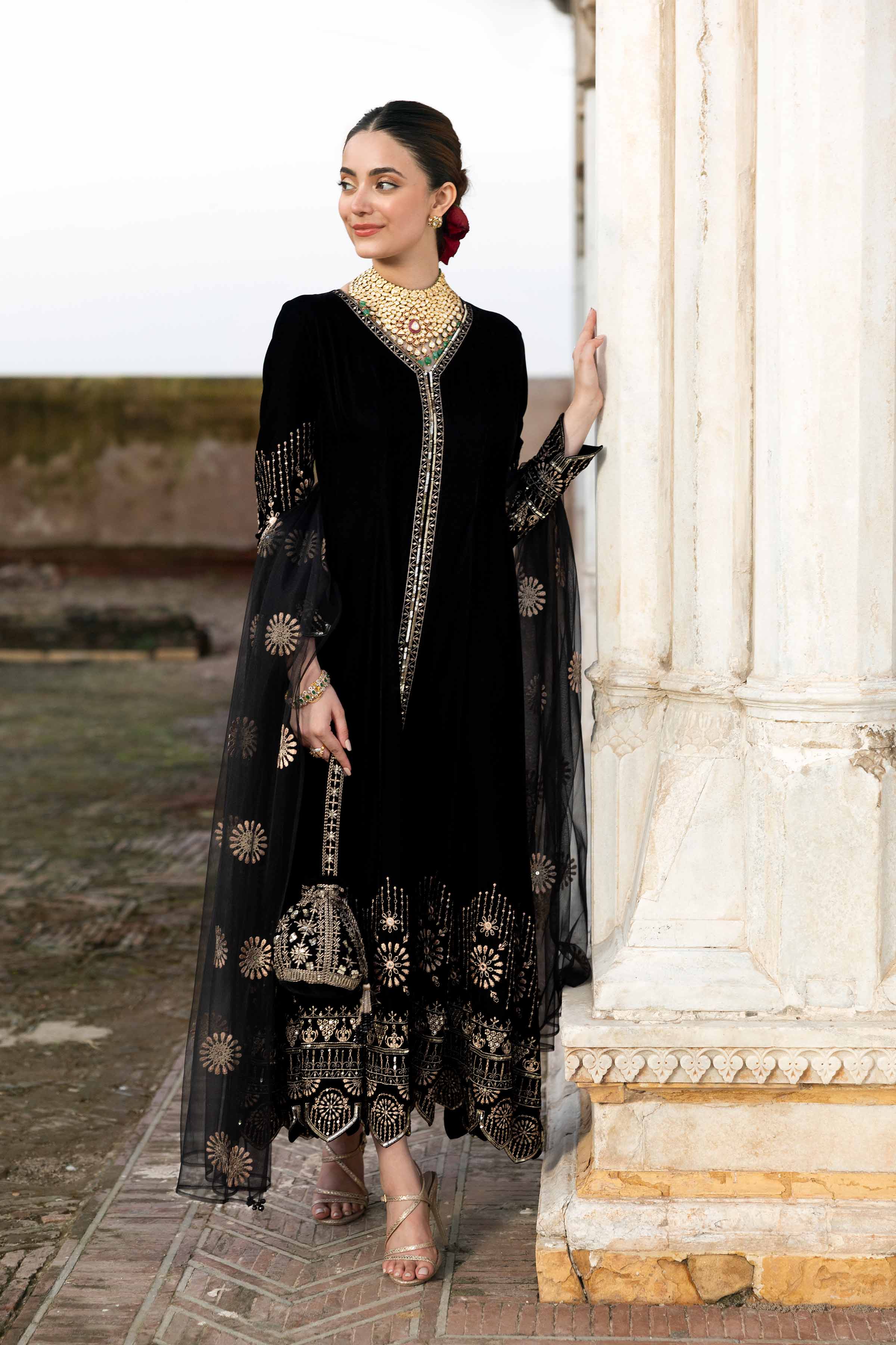 NISHATUAE - Black Embroidered Velvet 3-piece Ready to wear Suit