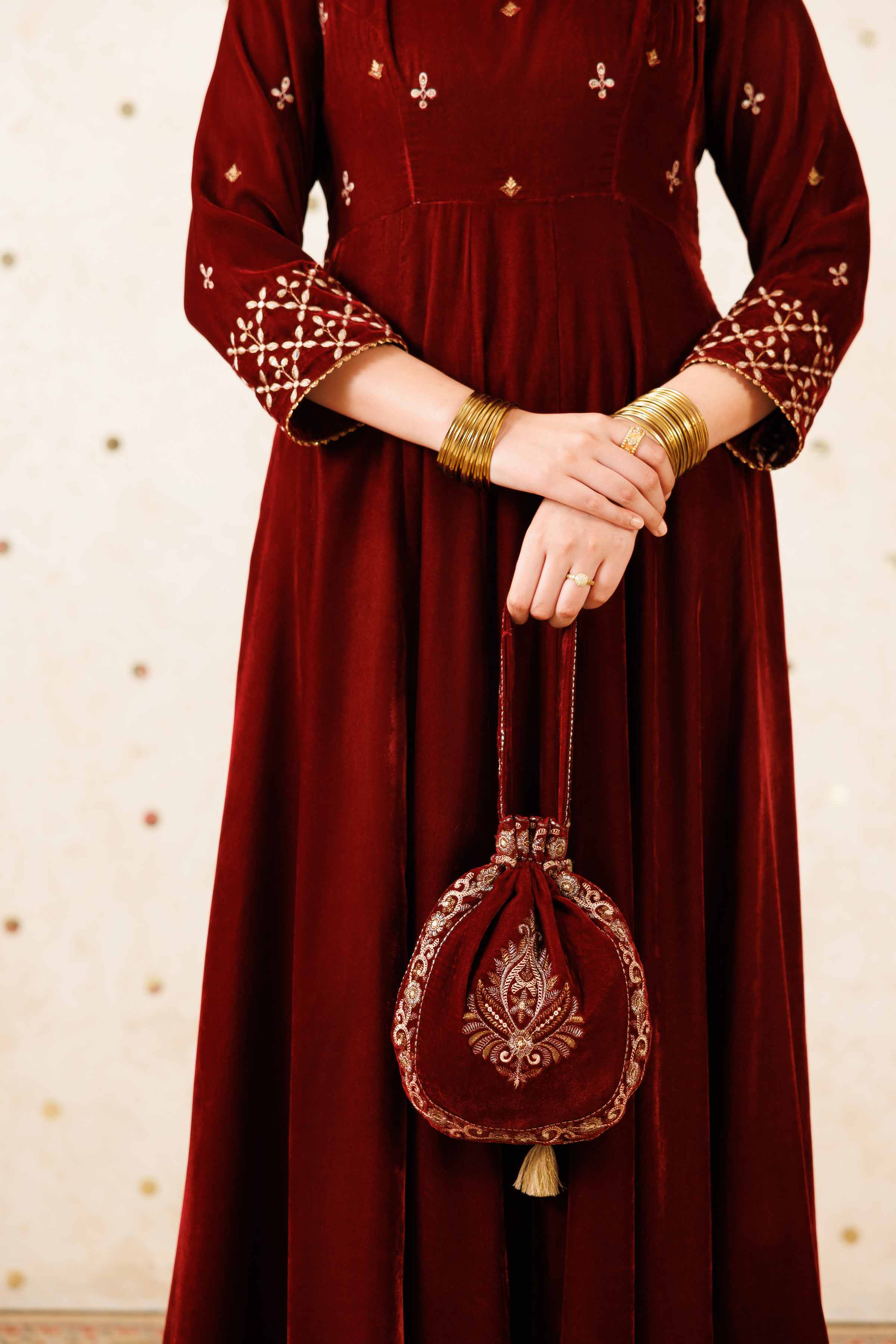 NISHATUAE - Maroon Embroidered Velvet 2-piece Ready to wear Dress