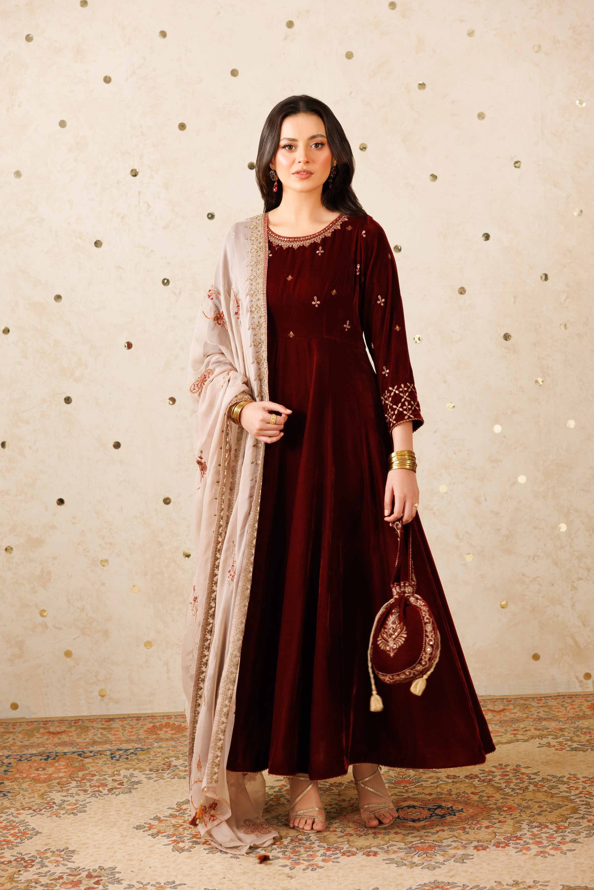 NISHATUAE - Maroon Embroidered Velvet 2-piece Ready to wear Dress