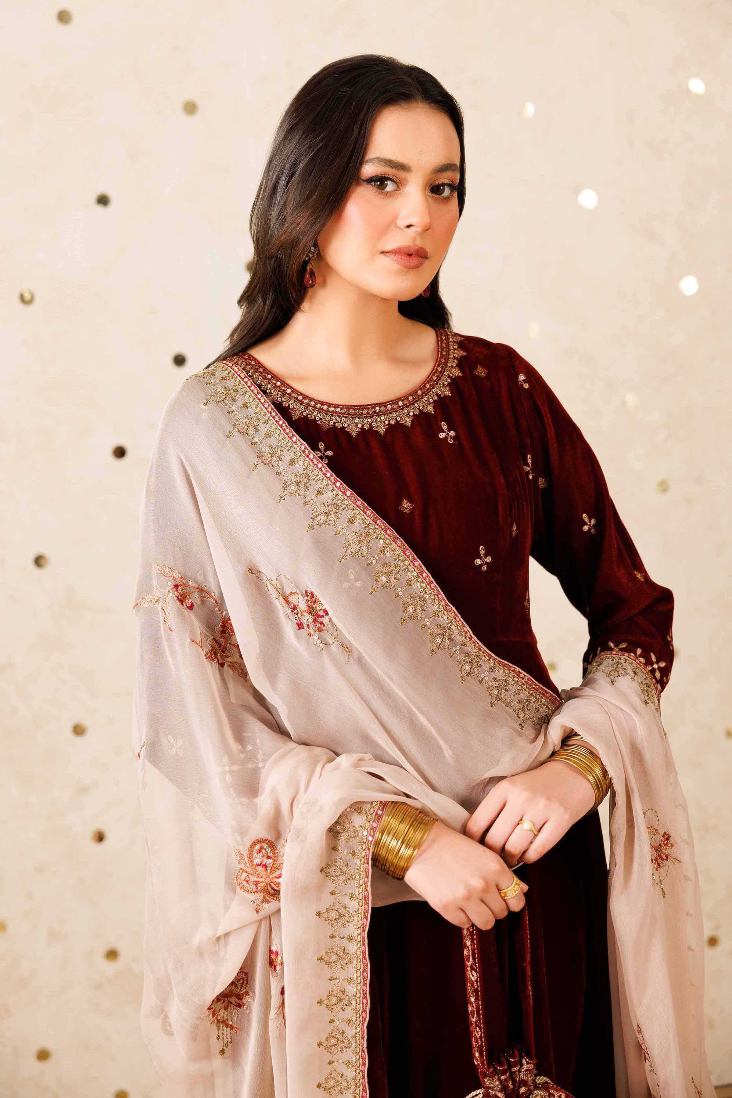 NISHATUAE - Maroon Embroidered Velvet 2-piece Ready to wear Dress