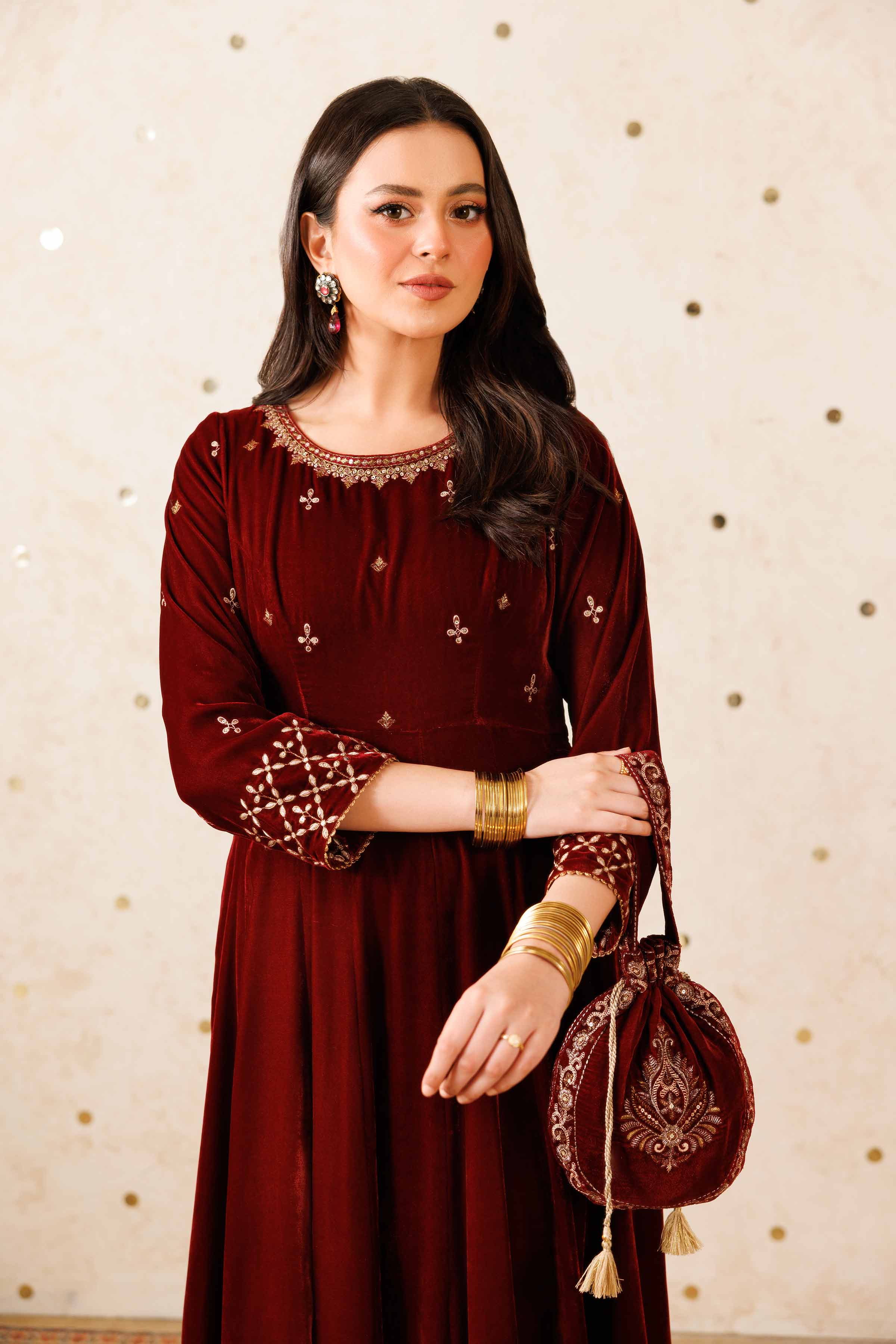 NISHATUAE - Maroon Embroidered Velvet 2-piece Ready to wear Dress