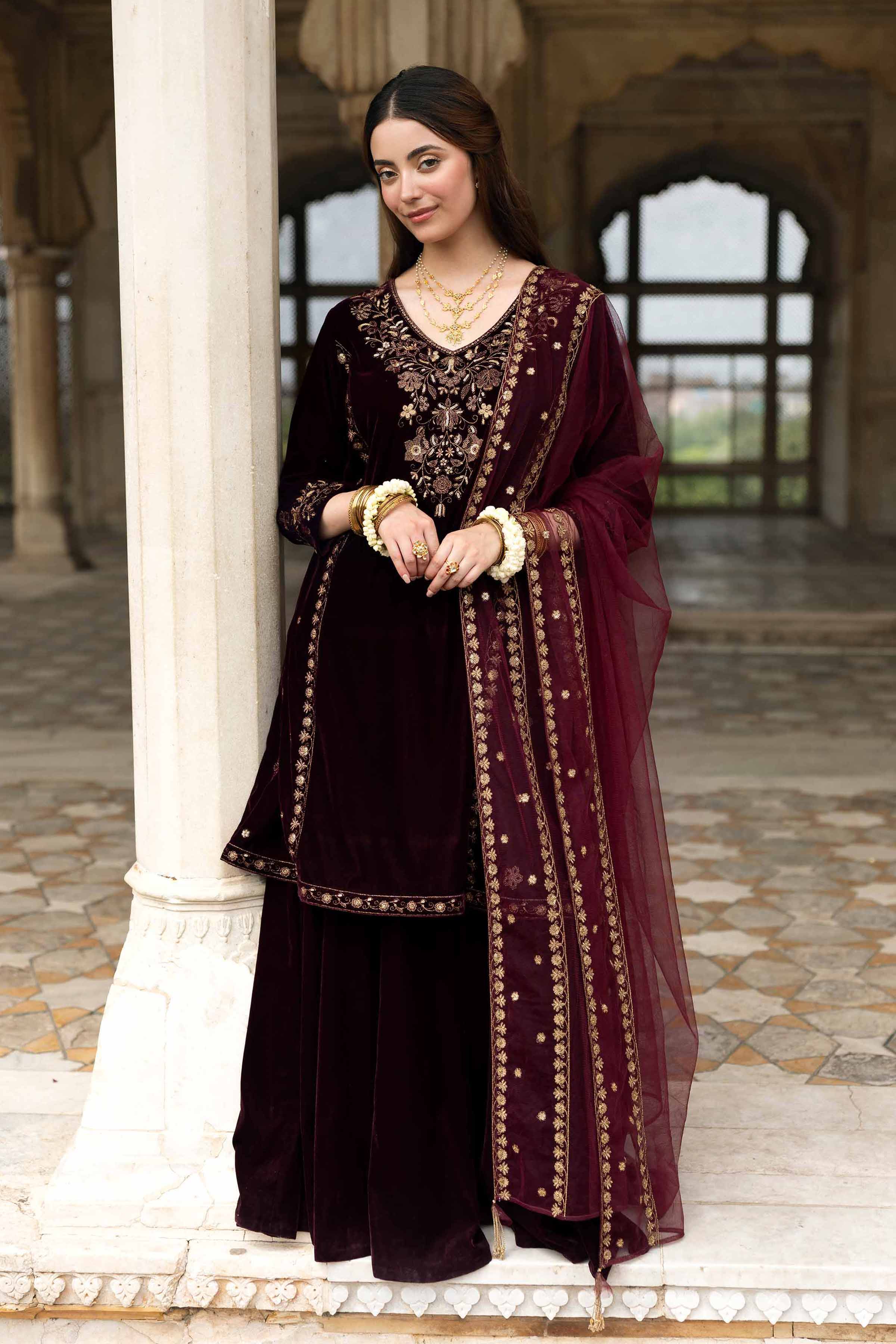 NISHATUAE - Purple Embroidered Velvet 3-piece Ready to wear Suit