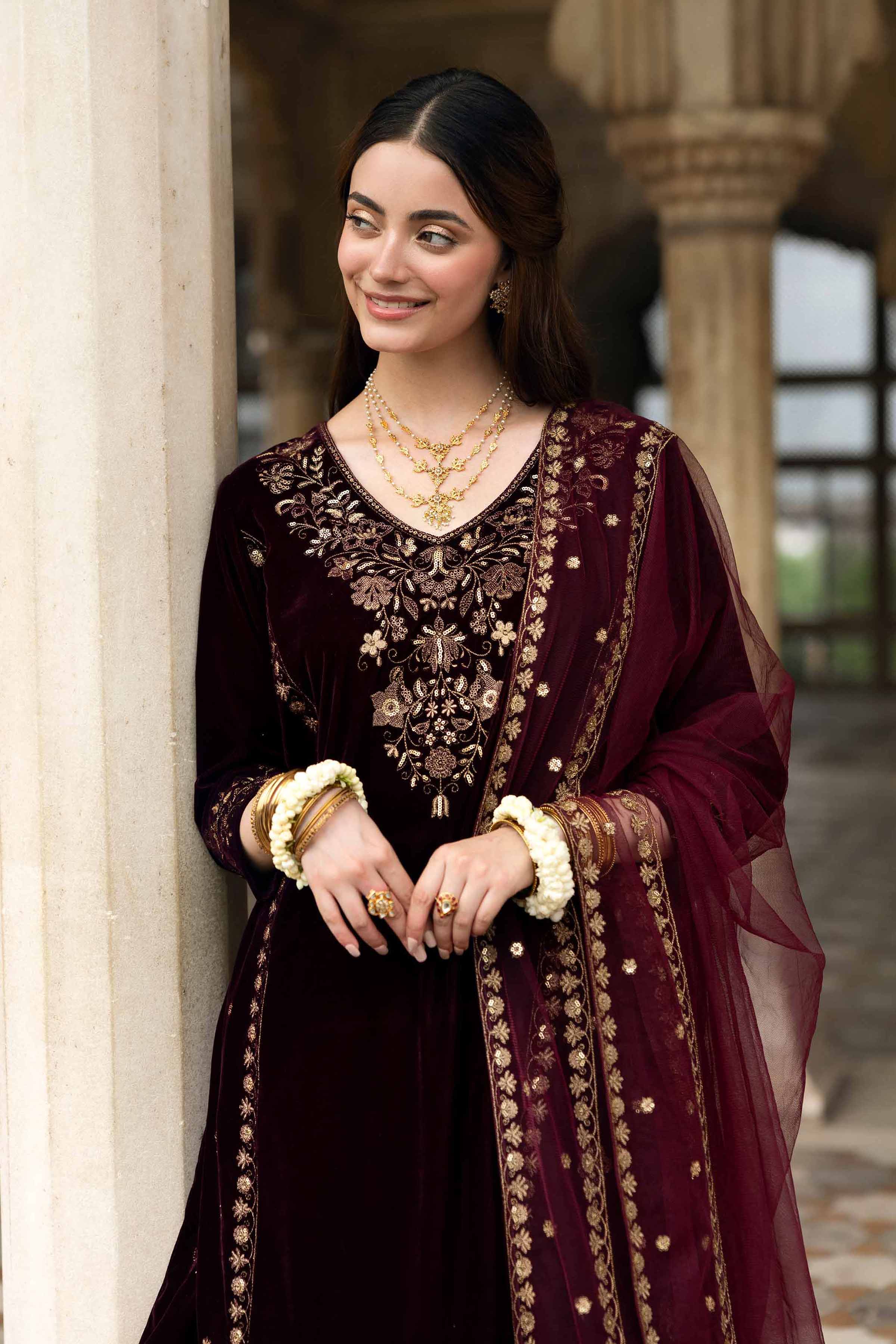 NISHATUAE - Purple Embroidered Velvet 3-piece Ready to wear Suit