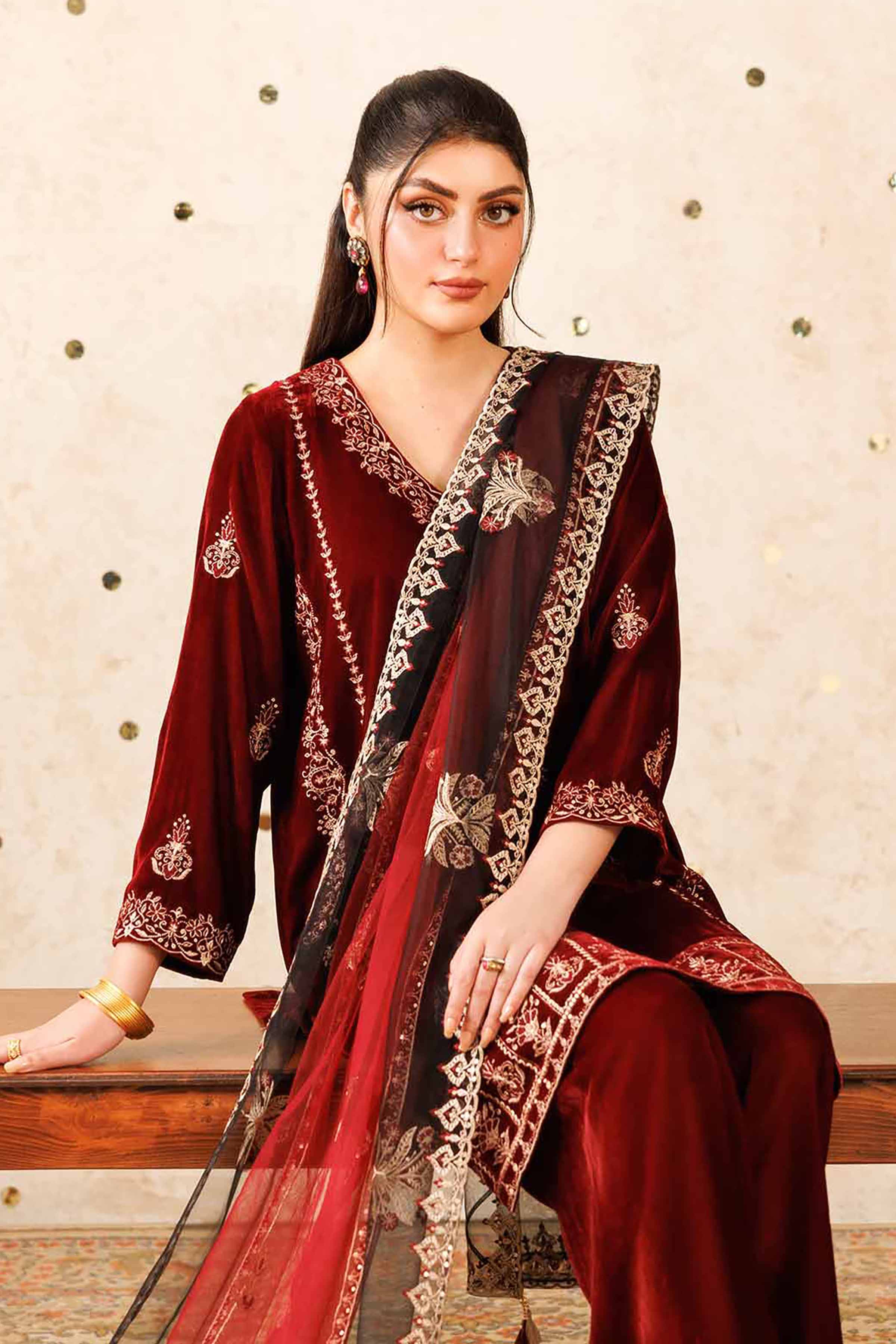 NISHATUAE - Red Embroidered Velvet 3-piece Ready to wear Suit