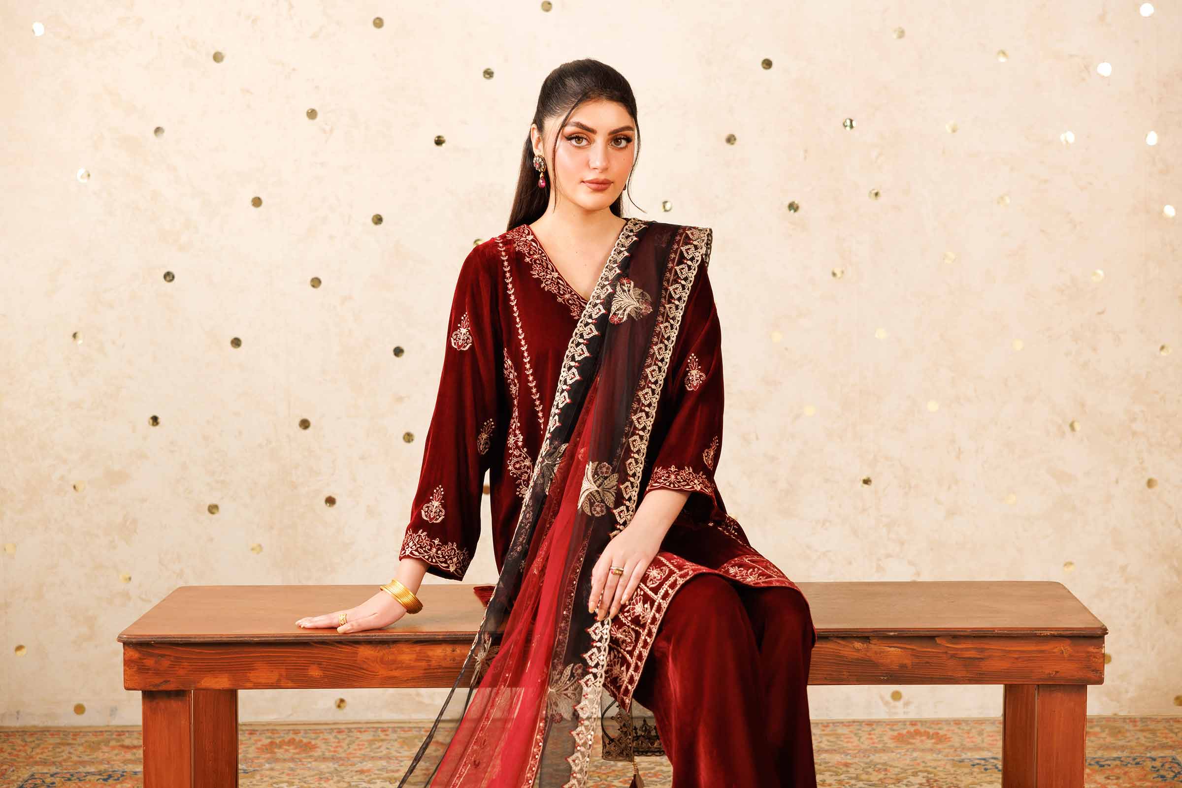 NISHATUAE - Red Embroidered Velvet 3-piece Ready to wear Suit