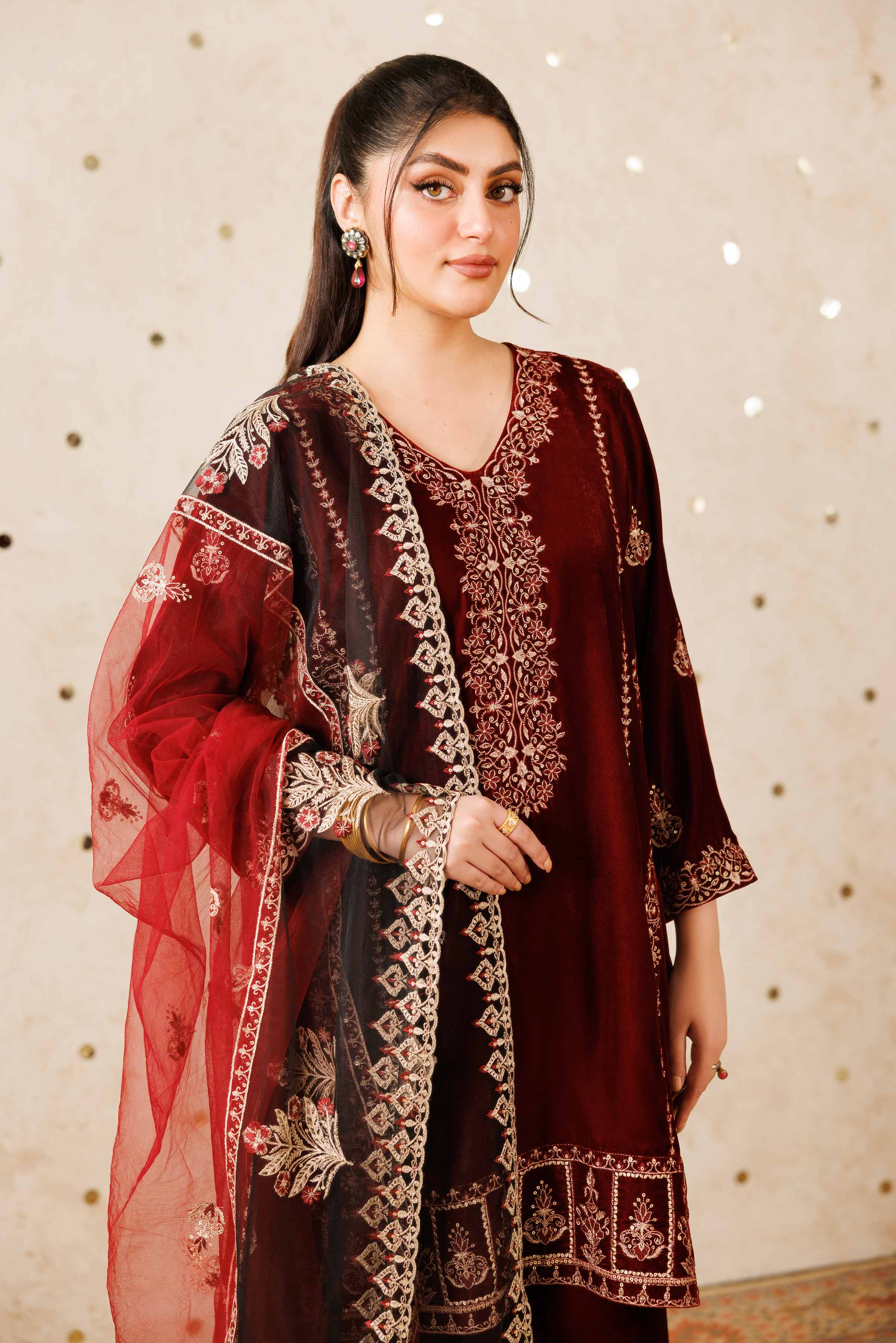 NISHATUAE - Red Embroidered Velvet 3-piece Ready to wear Suit