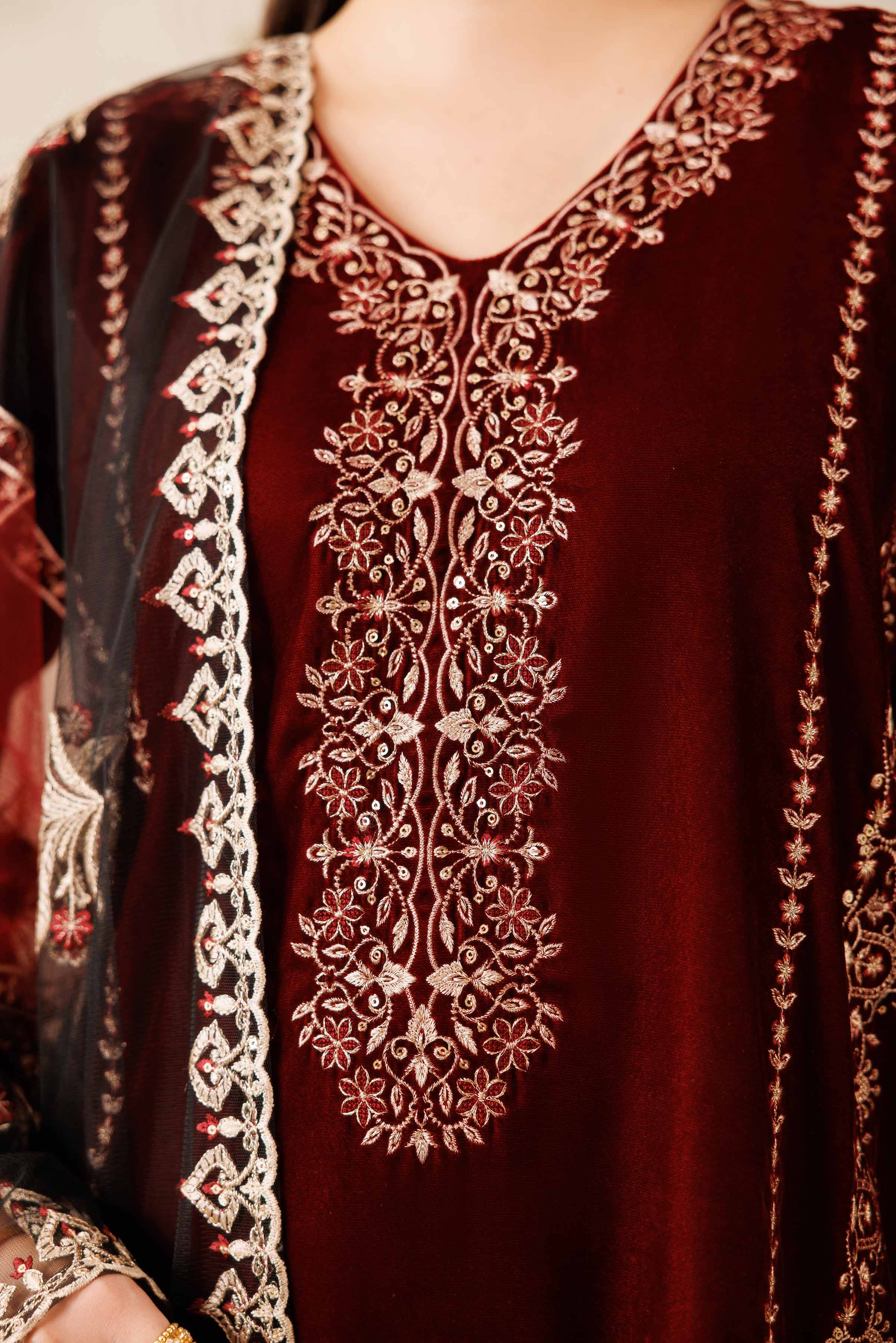 NISHATUAE - Red Embroidered Velvet 3-piece Ready to wear Suit