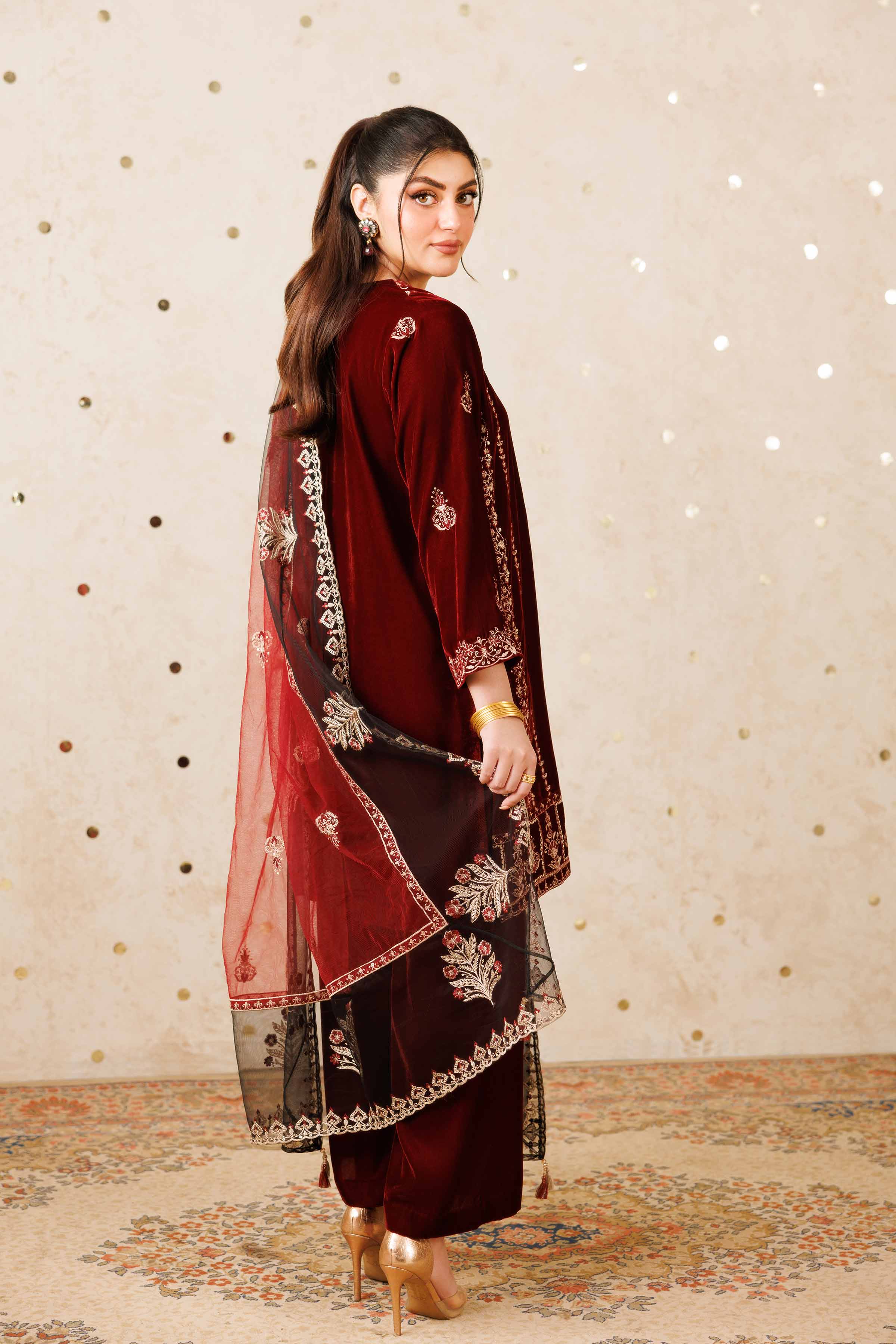 NISHATUAE - Red Embroidered Velvet 3-piece Ready to wear Suit