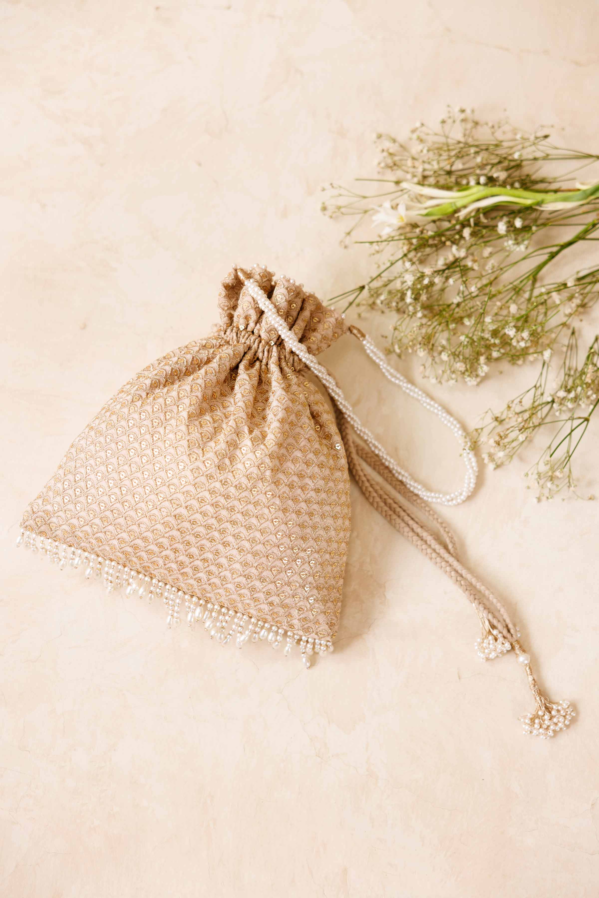 NISHATUAE - Beige Embroidered Silk Pouch
