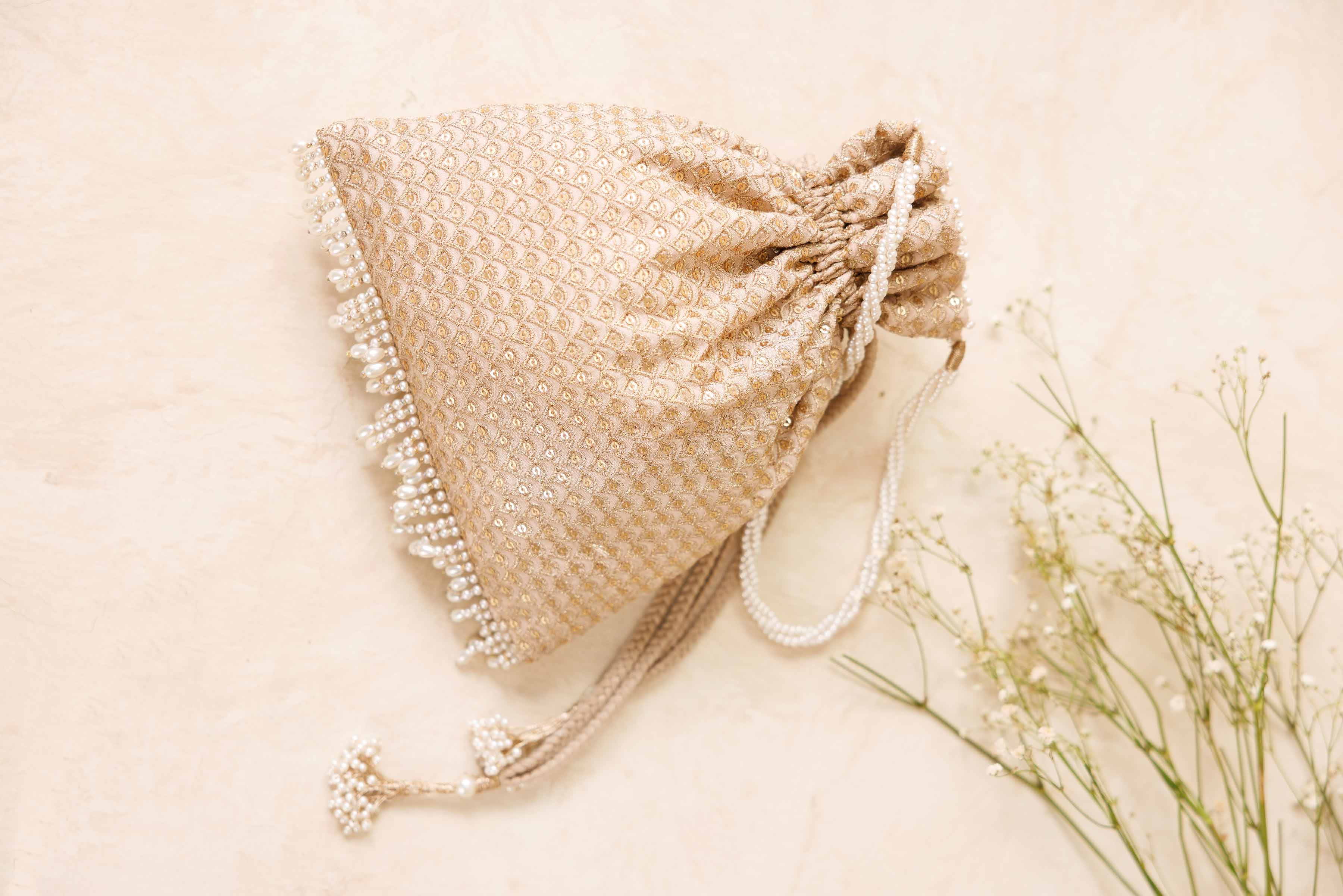 NISHATUAE - Beige Embroidered Silk Pouch
