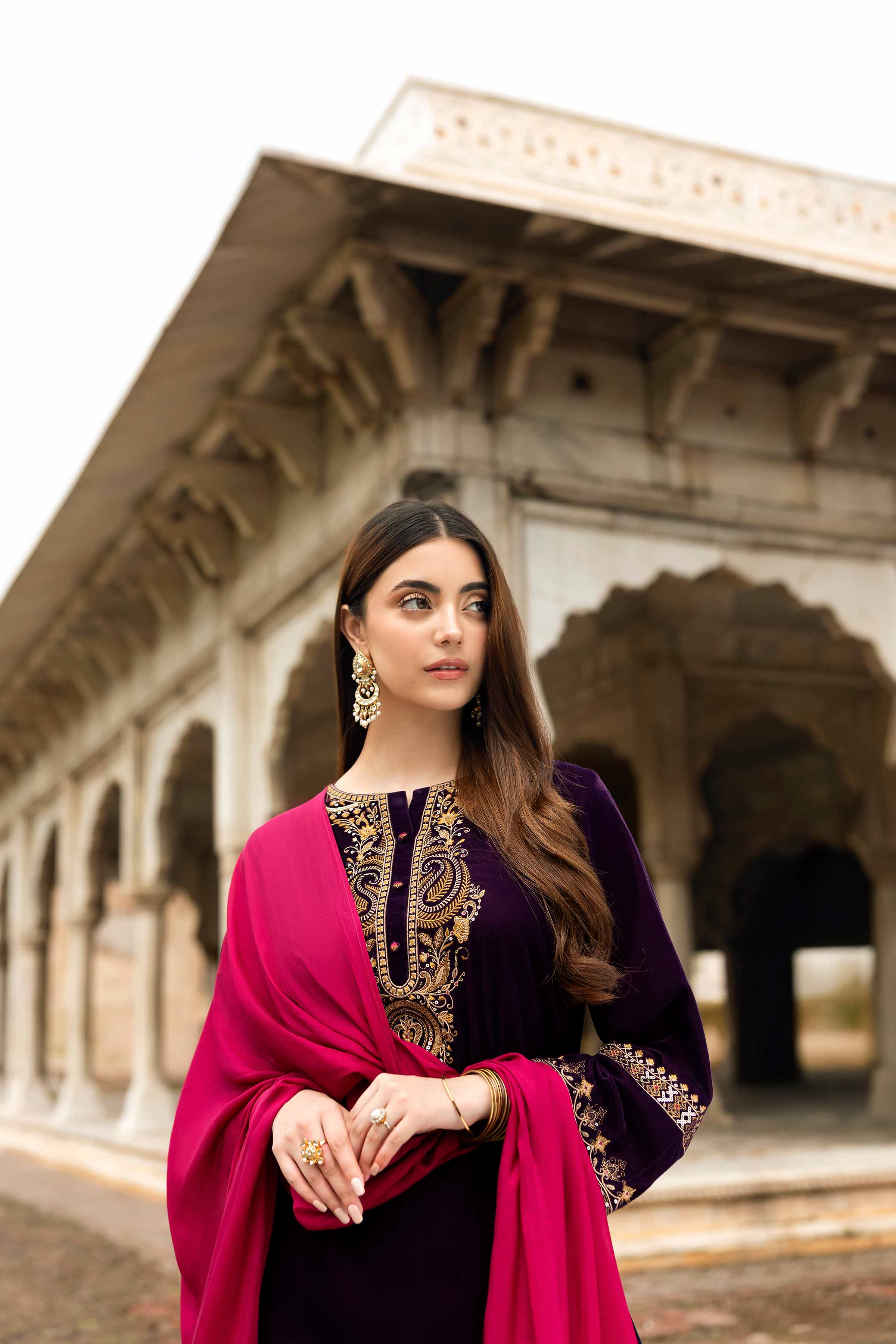NISHATUAE - Purple Embroidered Velvet 3-piece Ready to wear Suit