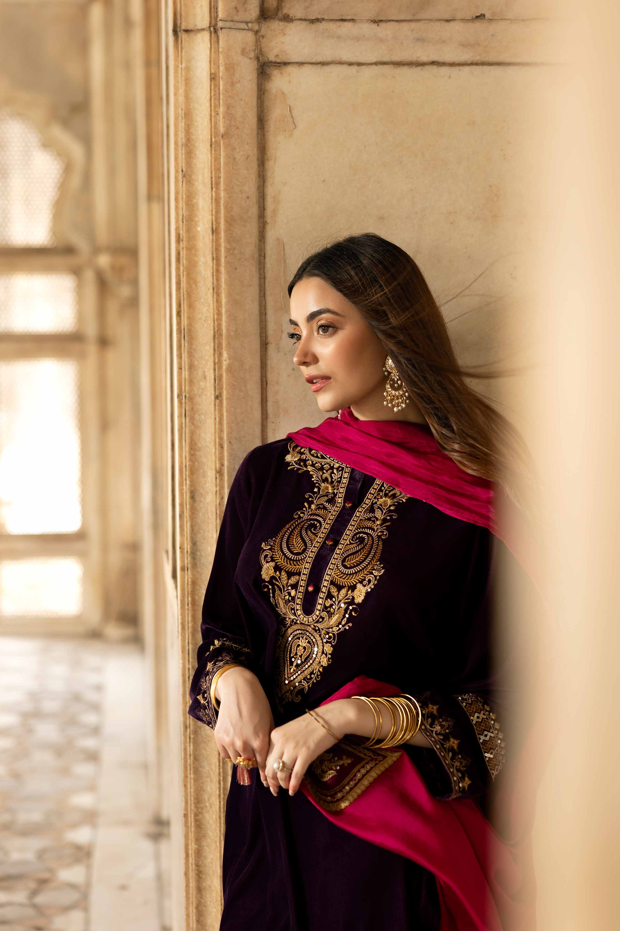 NISHATUAE - Purple Embroidered Velvet 3-piece Ready to wear Suit