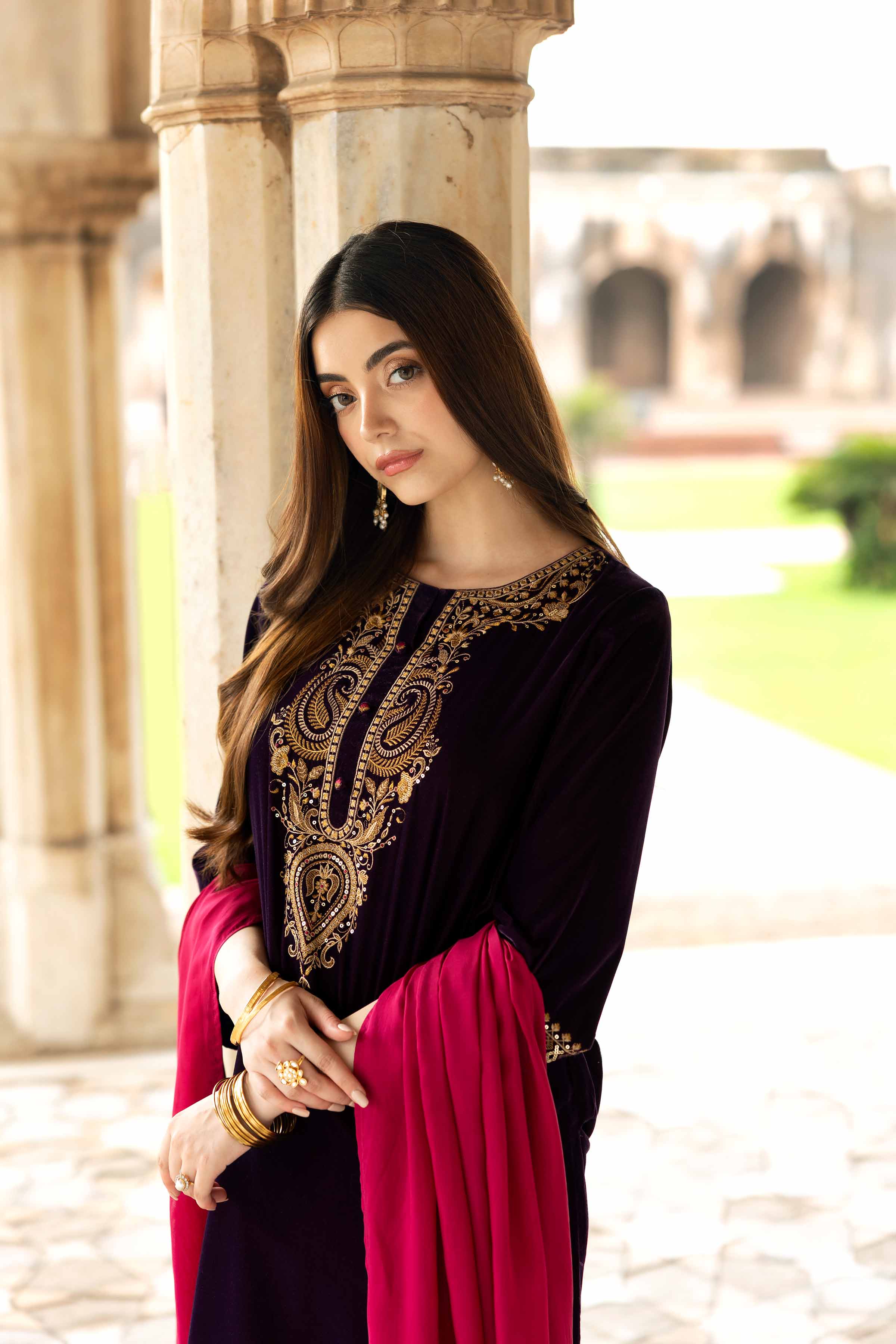 NISHATUAE - Purple Embroidered Velvet 3-piece Ready to wear Suit