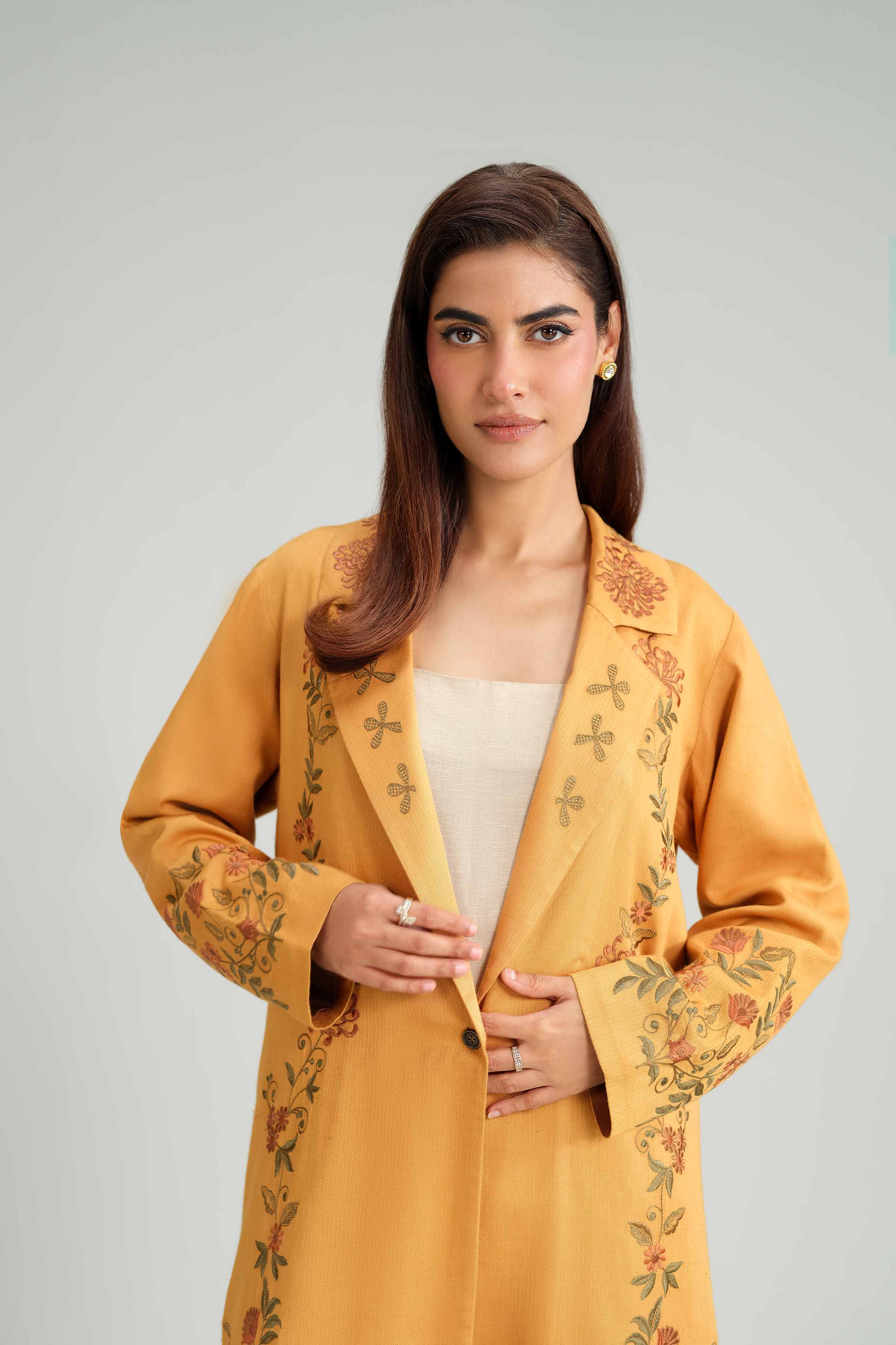 NISHATUAE - Mustard Embroidered Textured 2-piece Ready to wear Dress