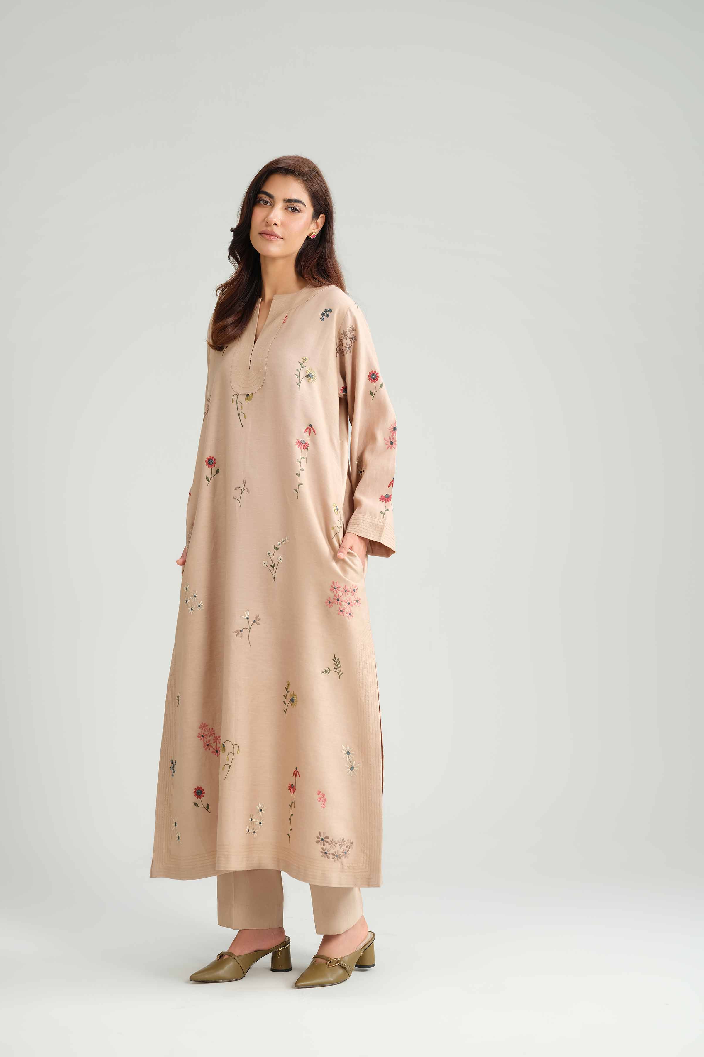 NishatUAE - Beige Embroidered Satin 2-piece Ready to wear Dress