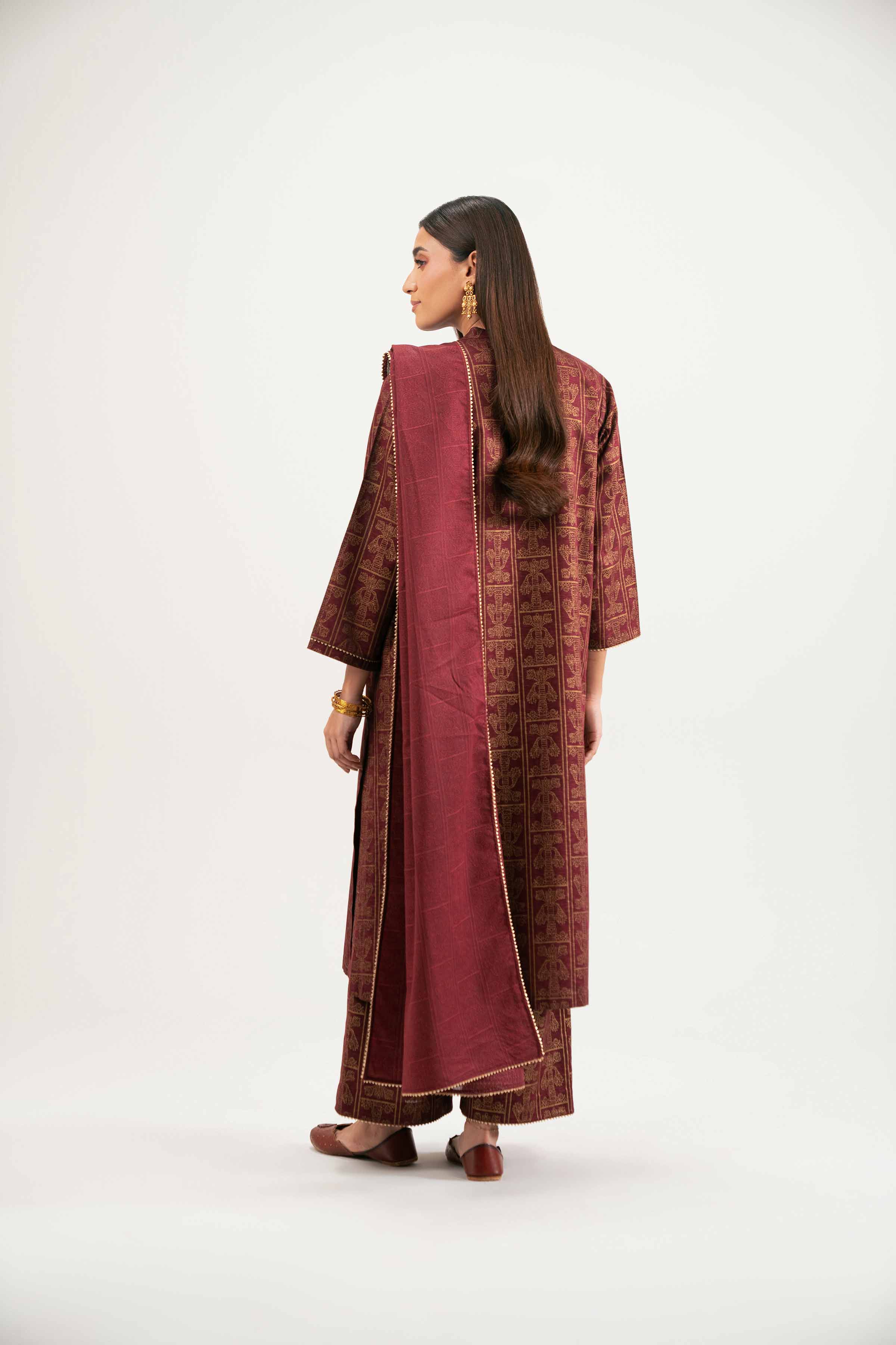 NISHATUAE - Maroon Printed Karandi 3-piece Ready to wear Suit