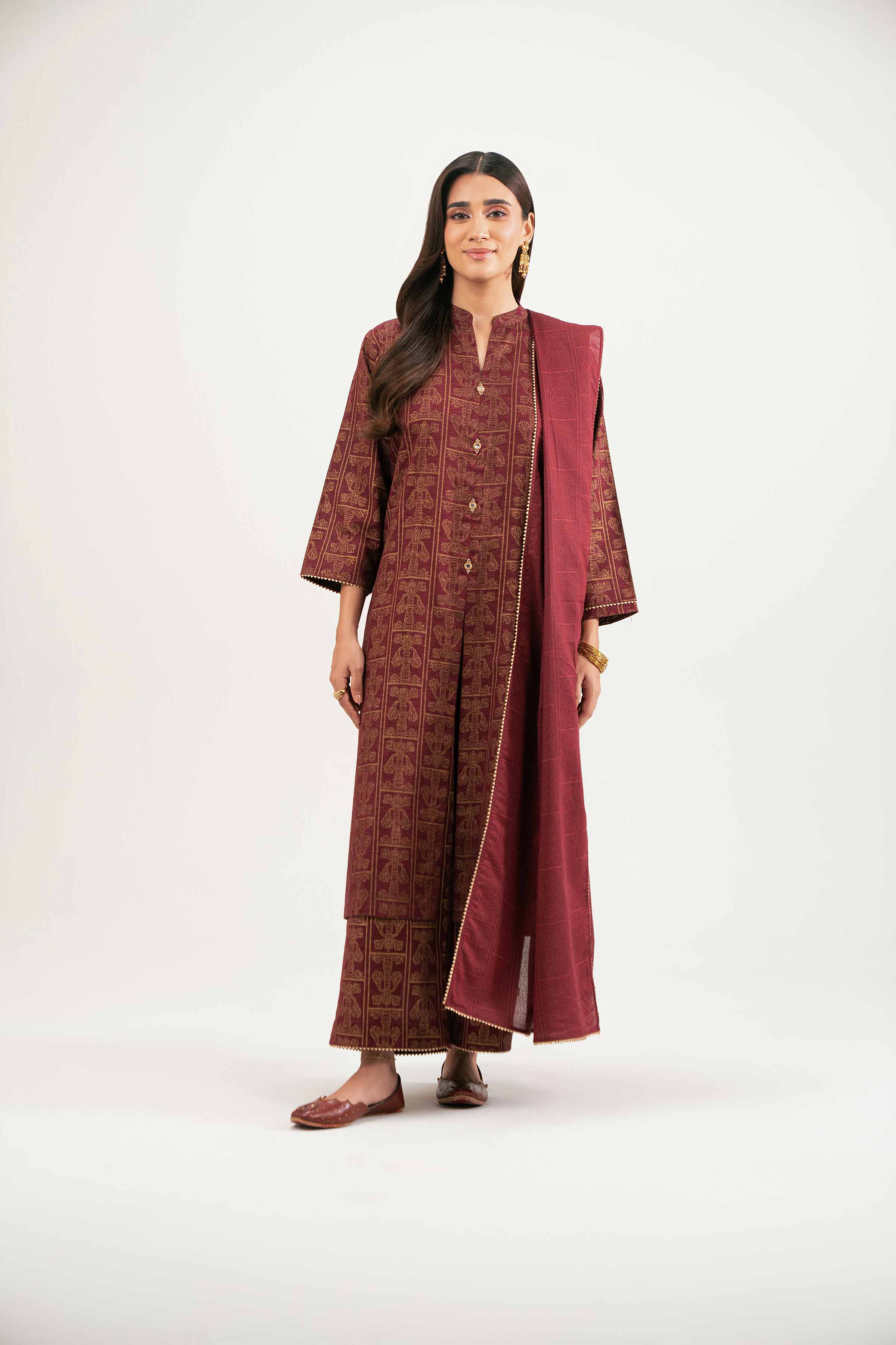 NISHATUAE - Maroon Printed Karandi 3-piece Ready to wear Suit