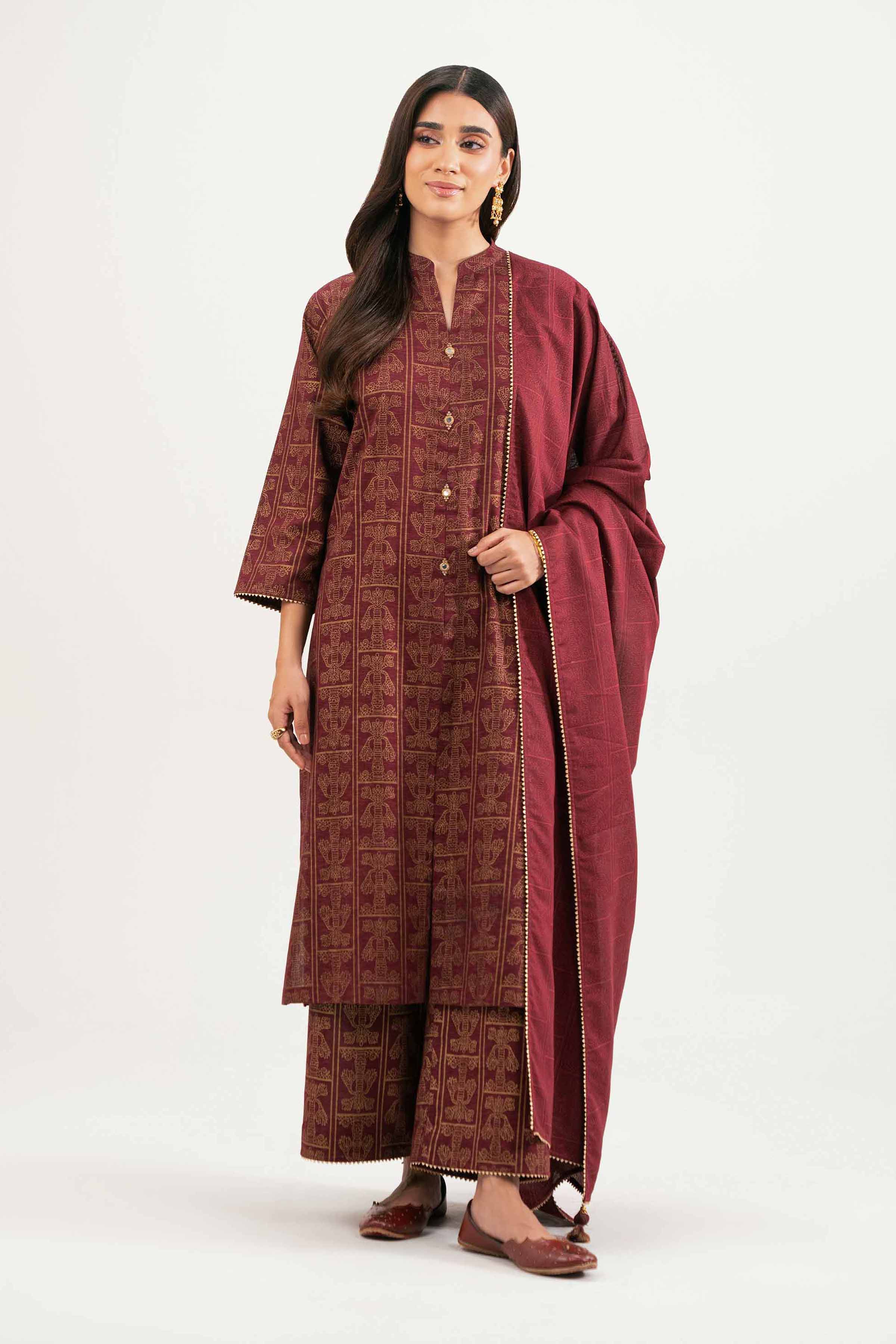 NISHATUAE - Maroon Printed Karandi 3-piece Ready to wear Suit