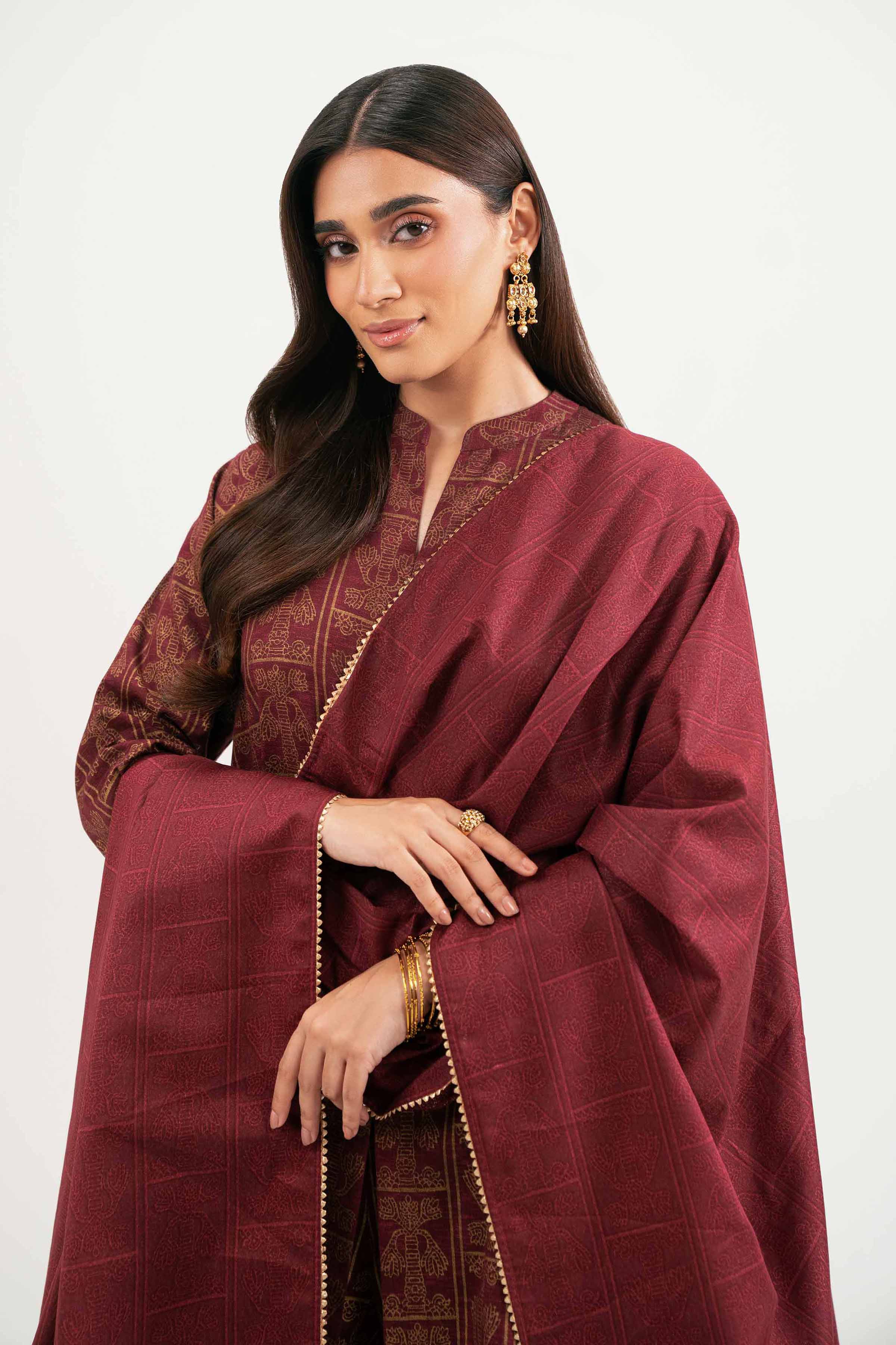 NISHATUAE - Maroon Printed Karandi 3-piece Ready to wear Suit