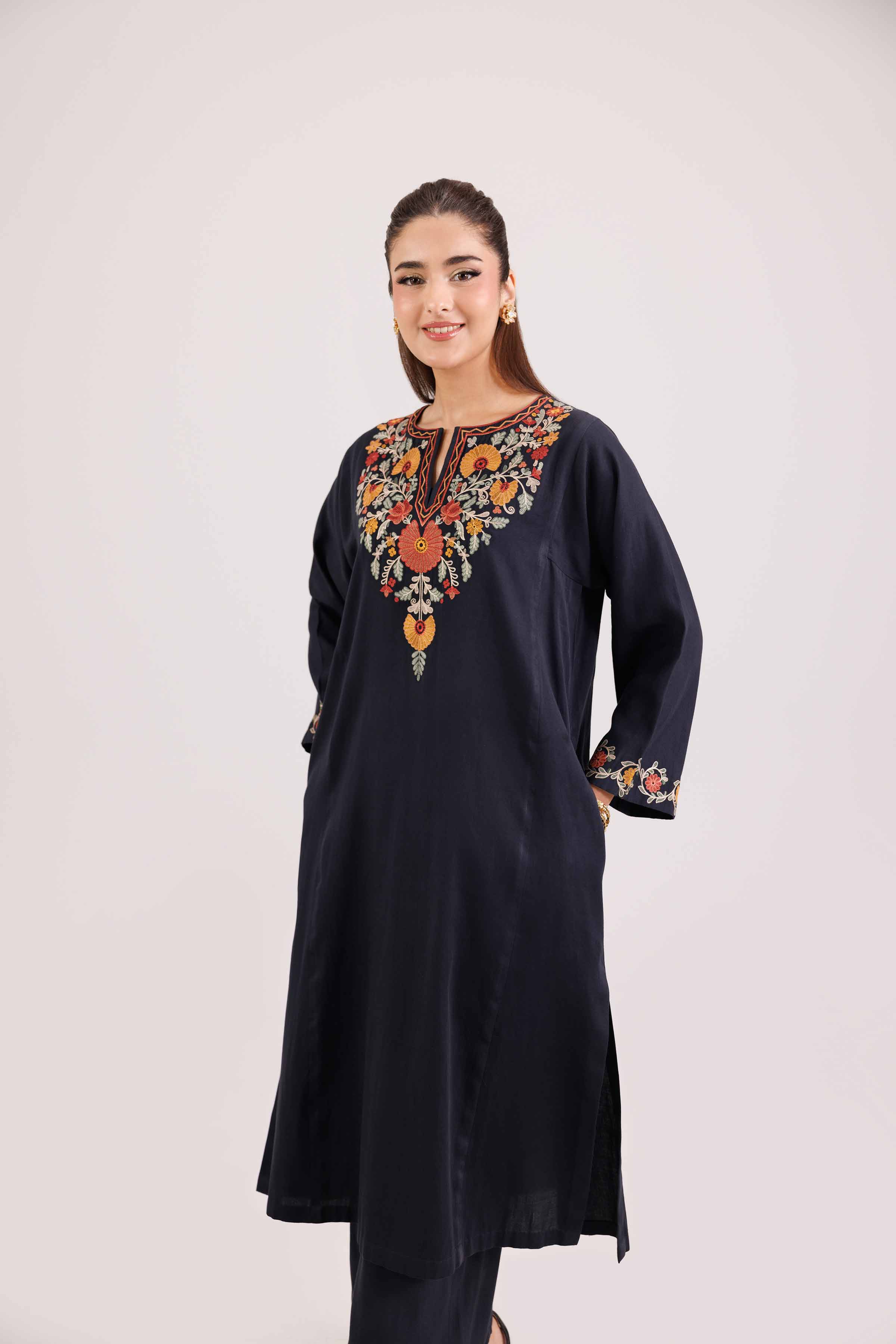 NishatUAE - Black Embroidered Satin 2-piece Ready to wear Dress