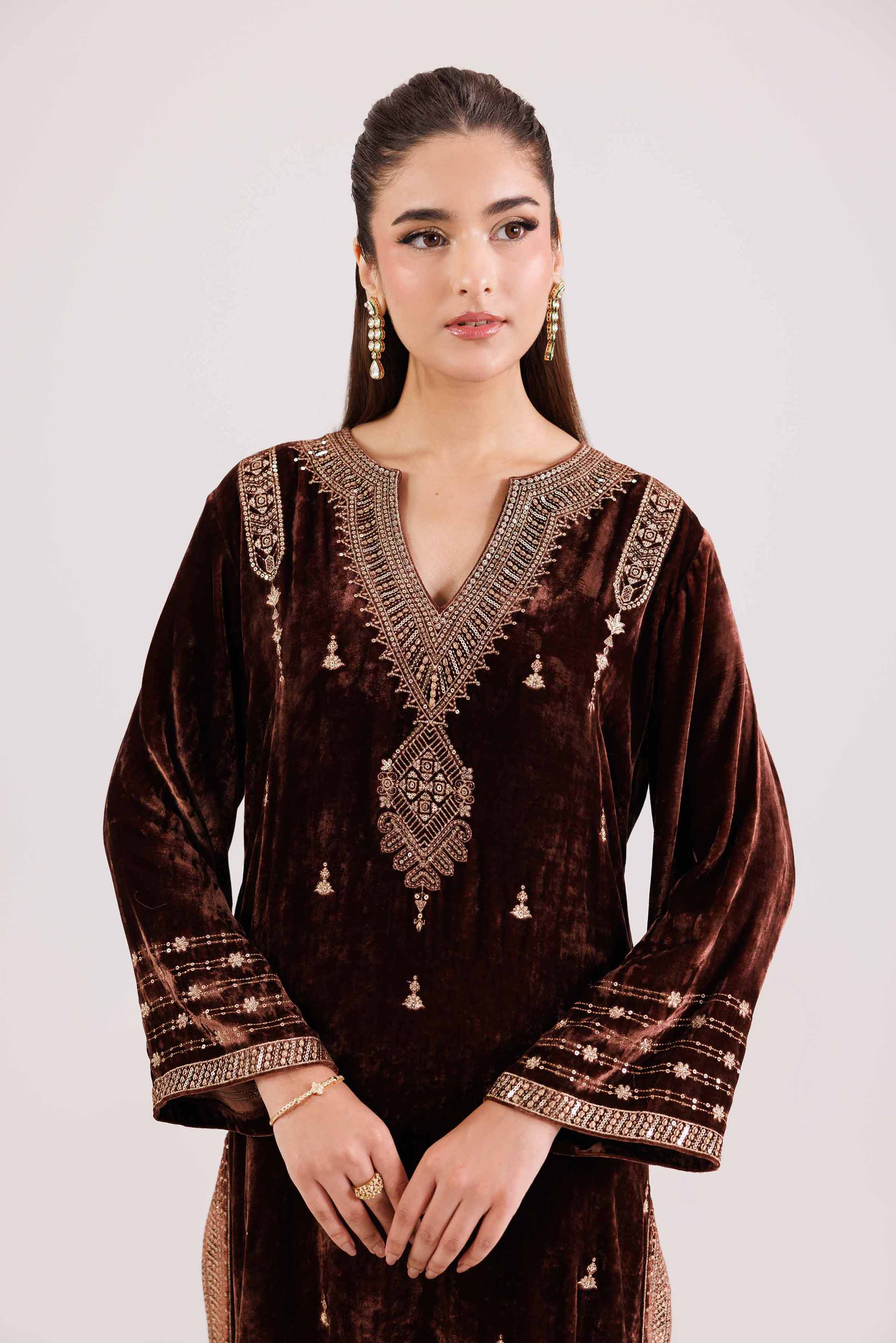 NISHATUAE - Brown Embroidered Velvet 2-piece Ready to wear Dress