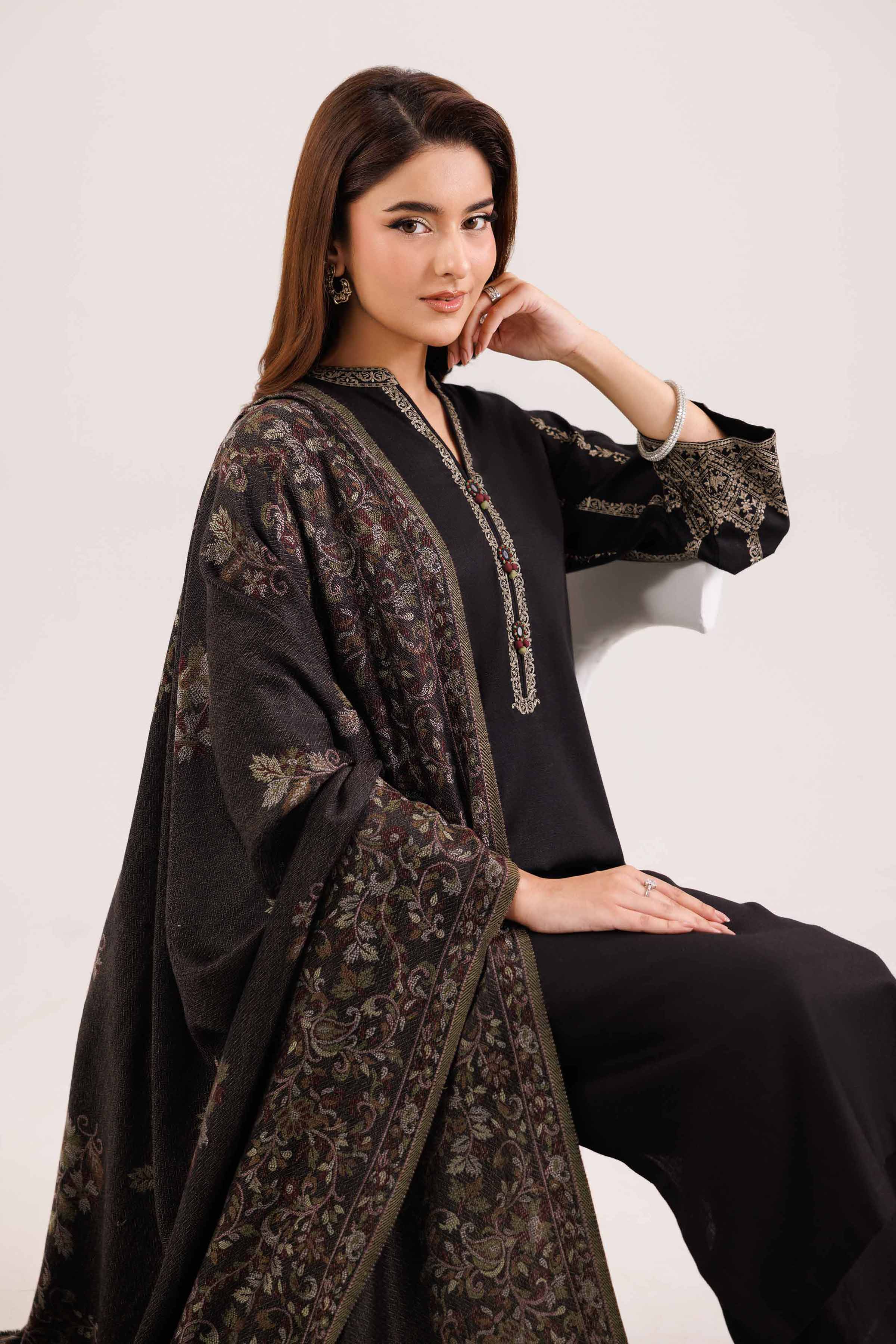 NISHATUAE - Black Embroidered Karandi 3-piece Ready to wear Suit