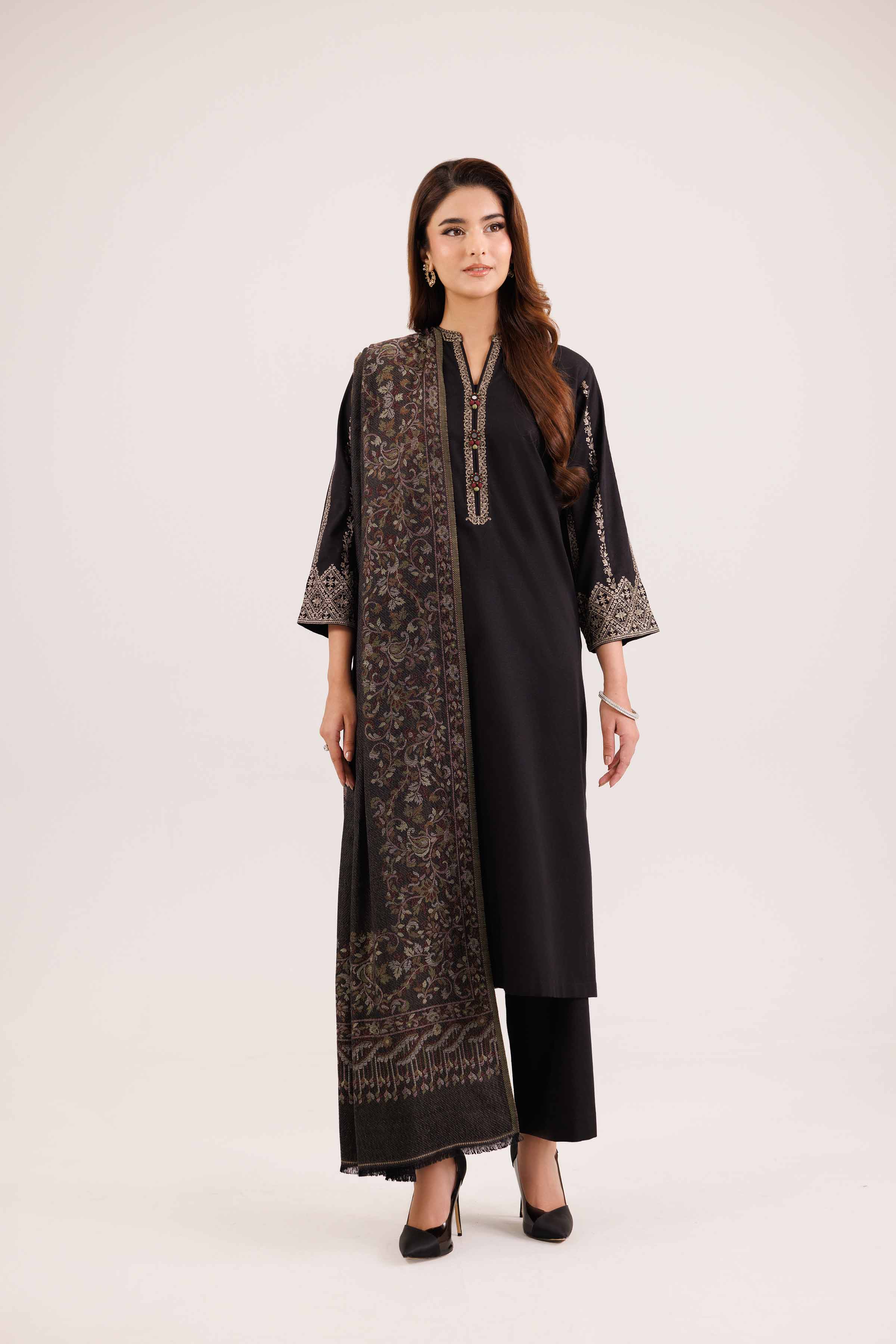 NISHATUAE - Black Embroidered Karandi 3-piece Ready to wear Suit