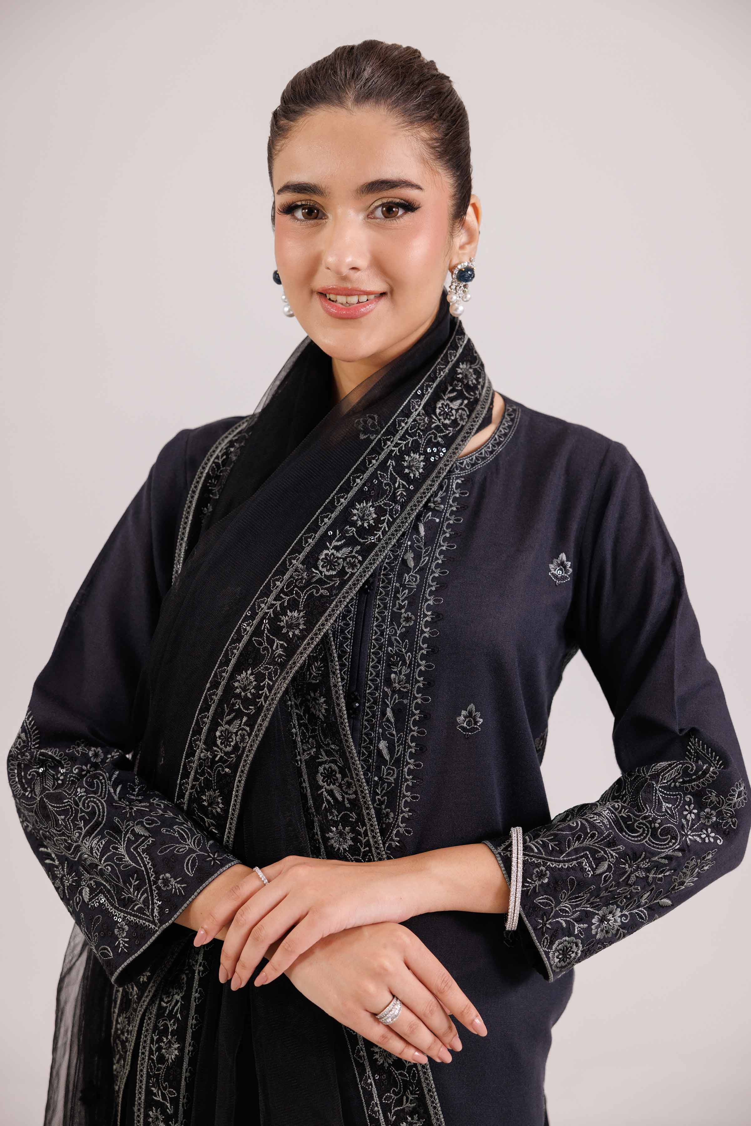 NishatUAE - Black Embroidered Karandi Suit Ready to wear Suit