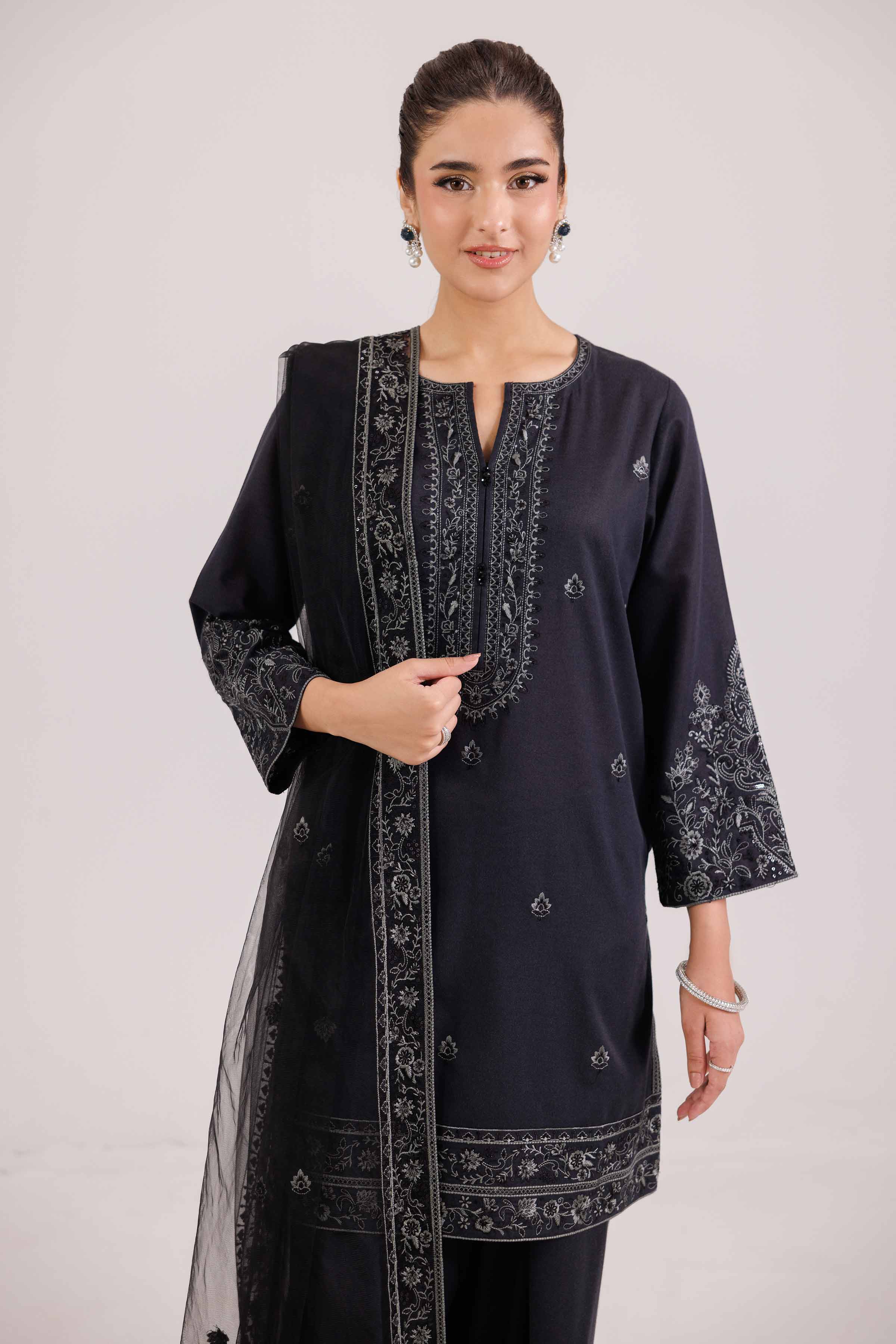 NishatUAE - Black Embroidered Karandi Suit Ready to wear Suit