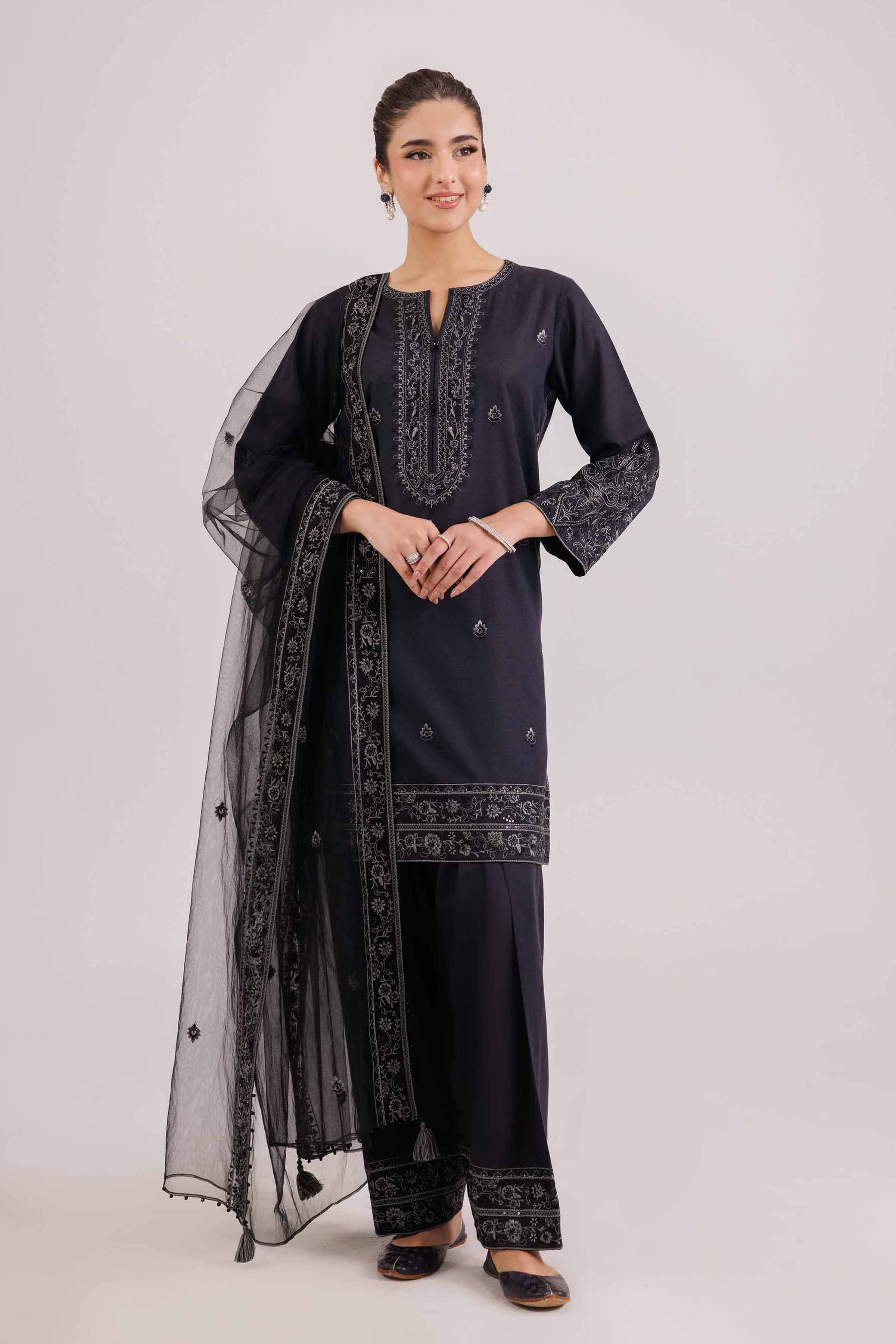 NishatUAE - Black Embroidered Karandi Suit Ready to wear Suit