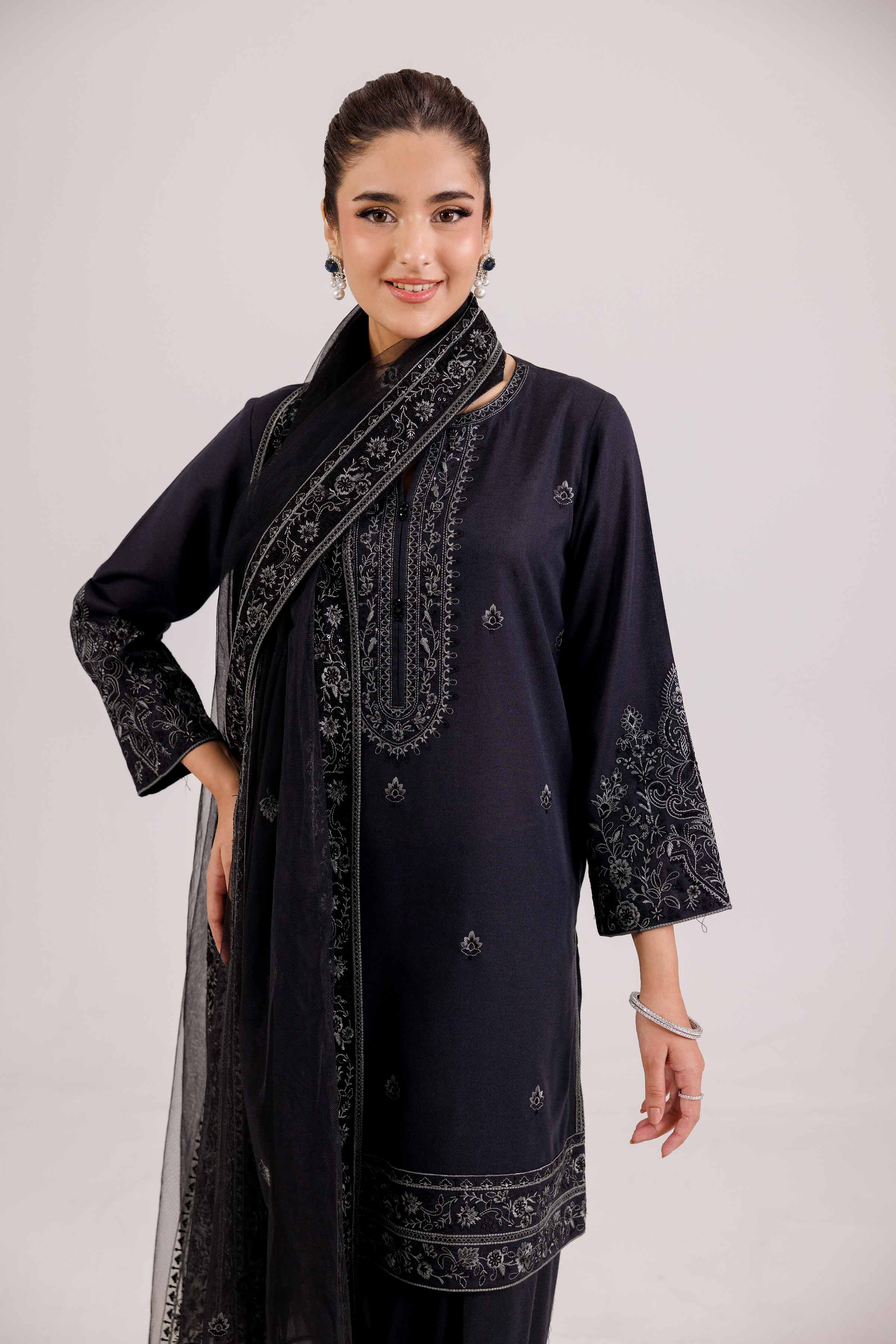 NishatUAE - Black Embroidered Karandi Suit Ready to wear Suit