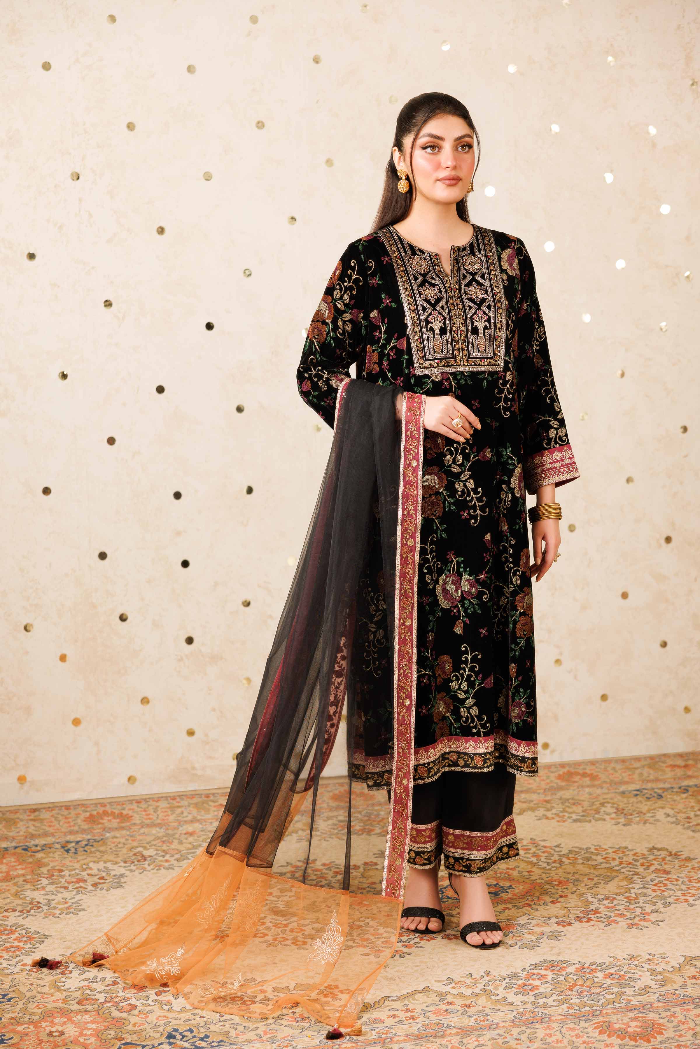 NishatUAE - Black Embroidered Velvet Suit Ready to wear Suit