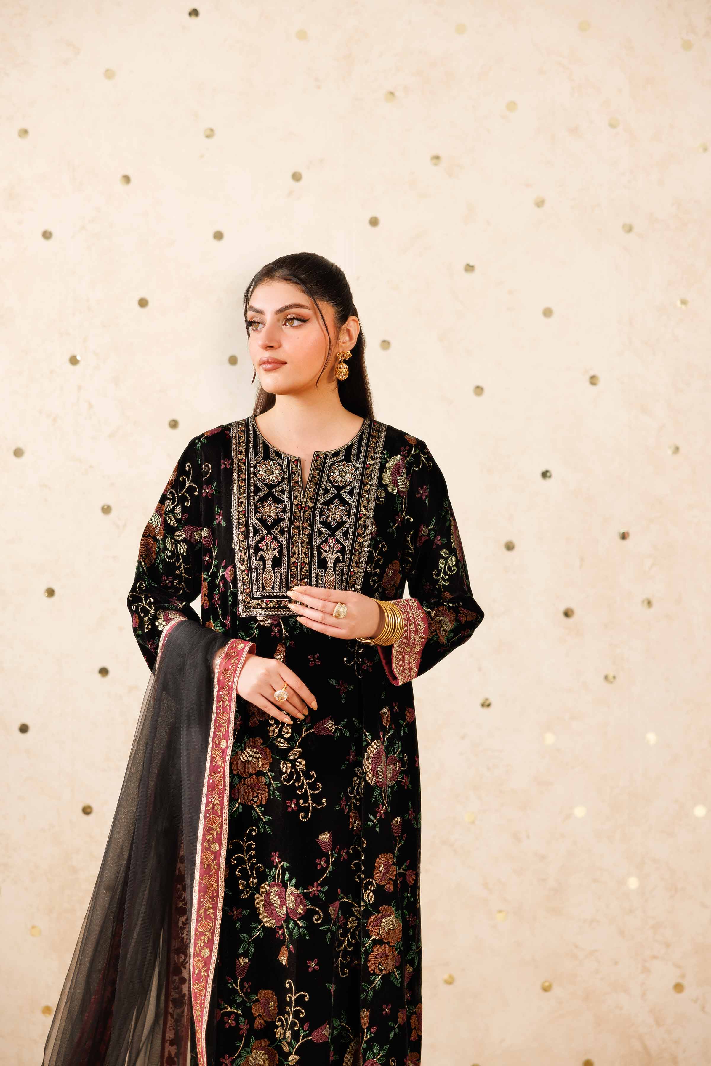 NishatUAE - Black Embroidered Velvet Suit Ready to wear Suit