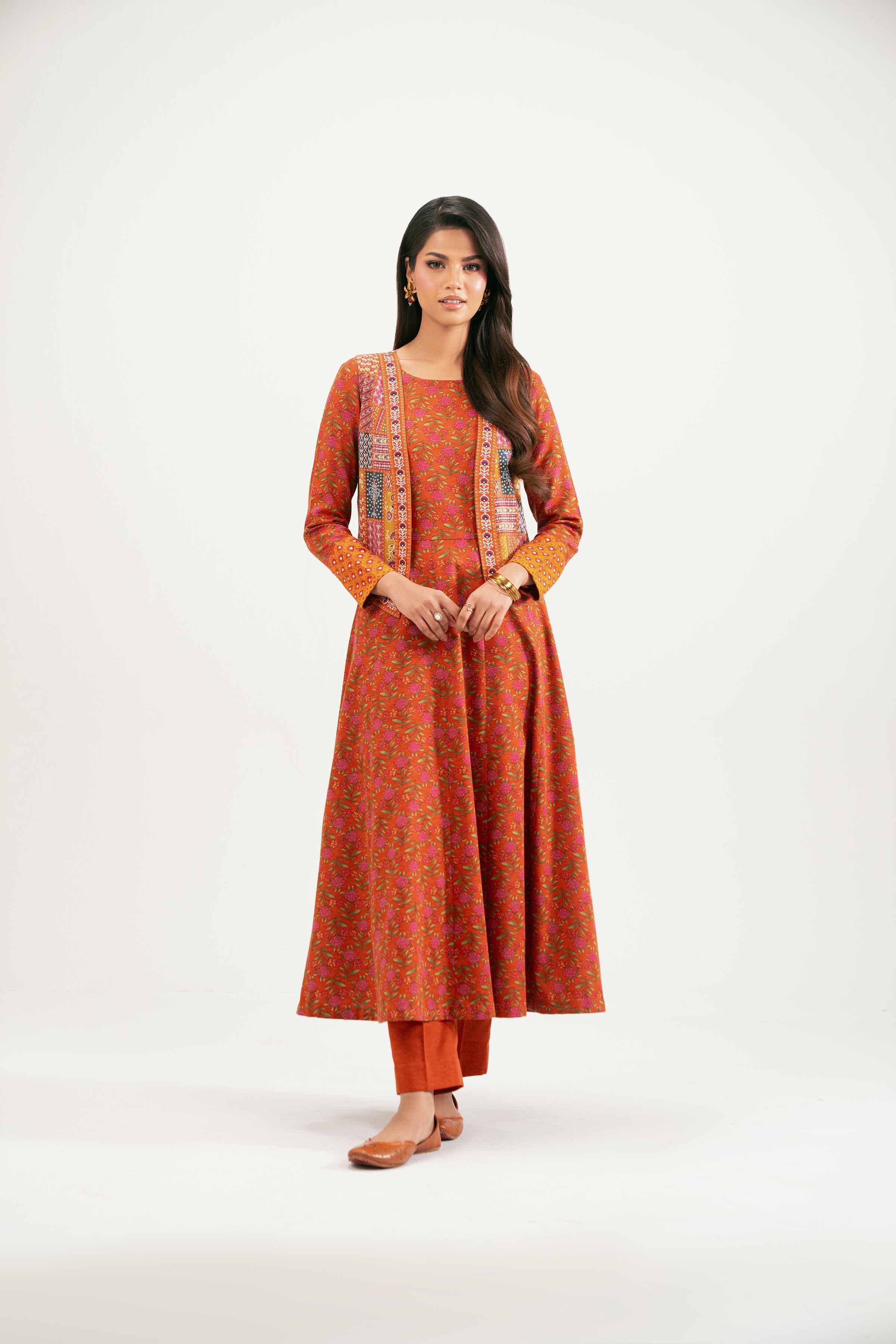 NISHATUAE - Orange Printed Karandi 3-piece Ready to wear Suit