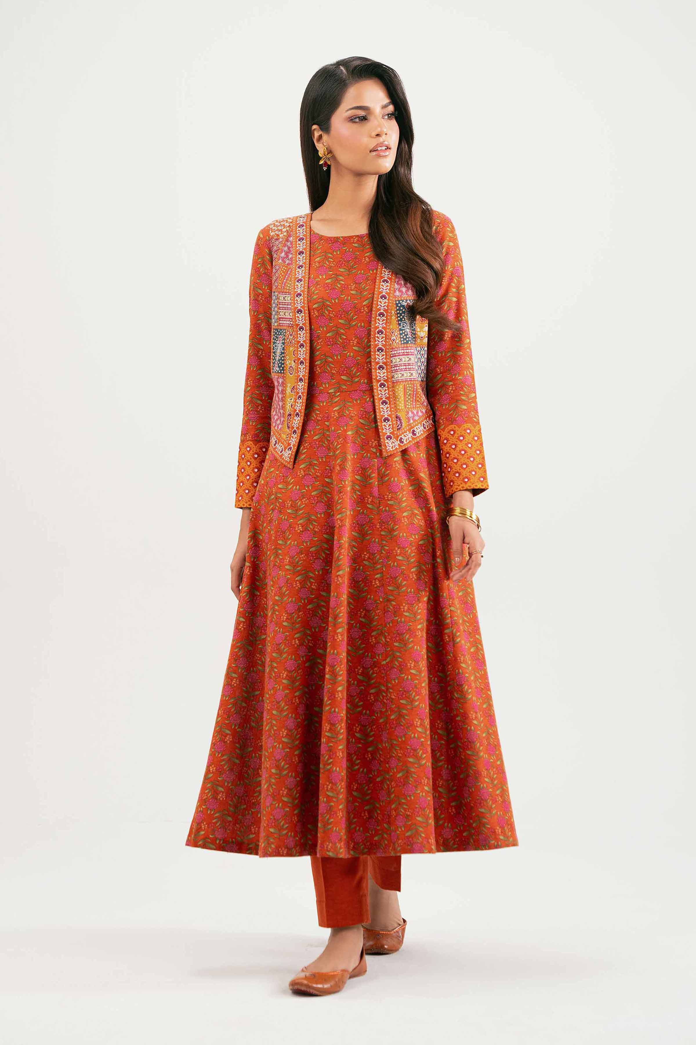 NISHATUAE - Orange Printed Karandi 3-piece Ready to wear Suit