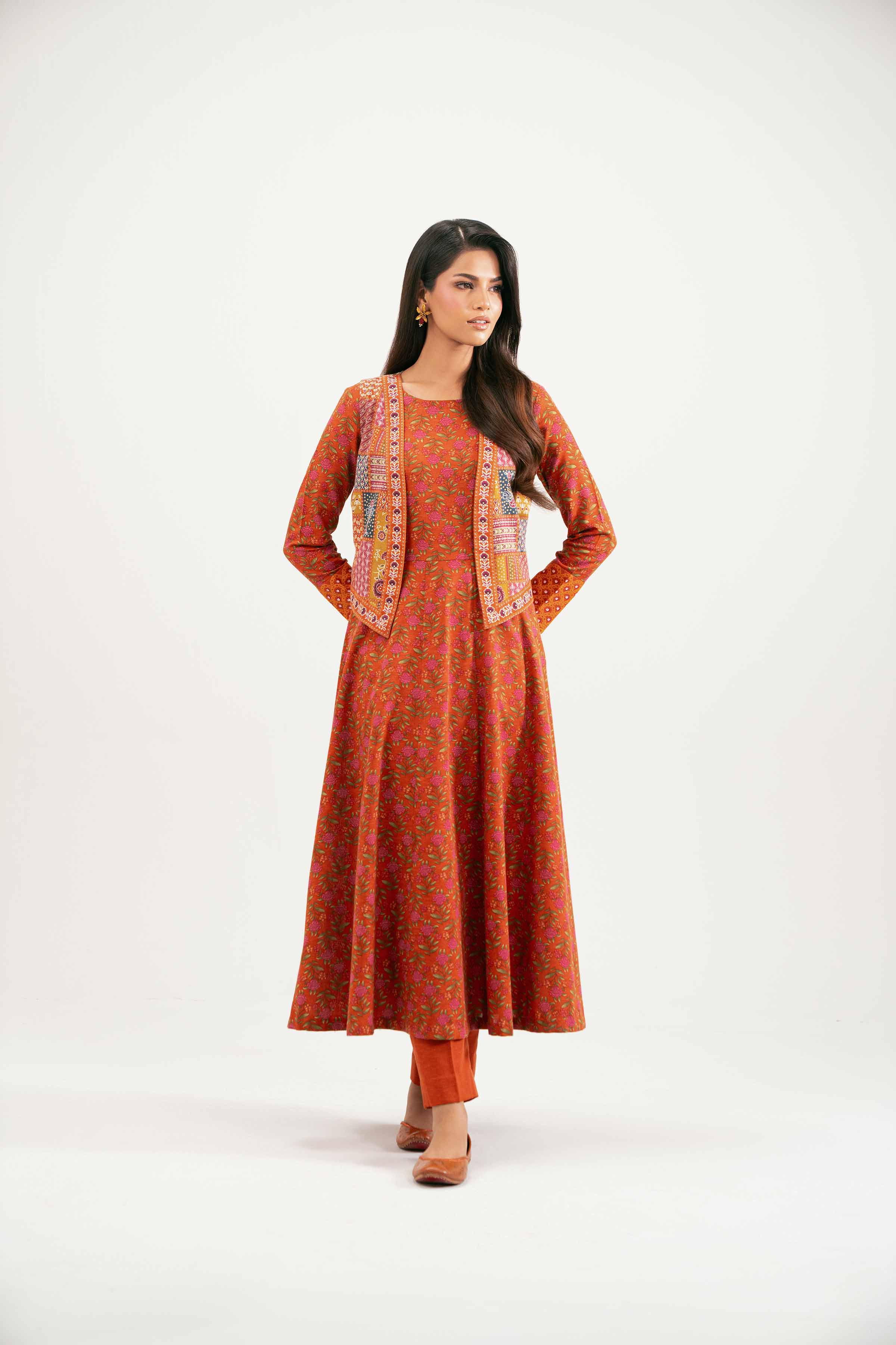 NISHATUAE - Orange Printed Karandi 3-piece Ready to wear Suit