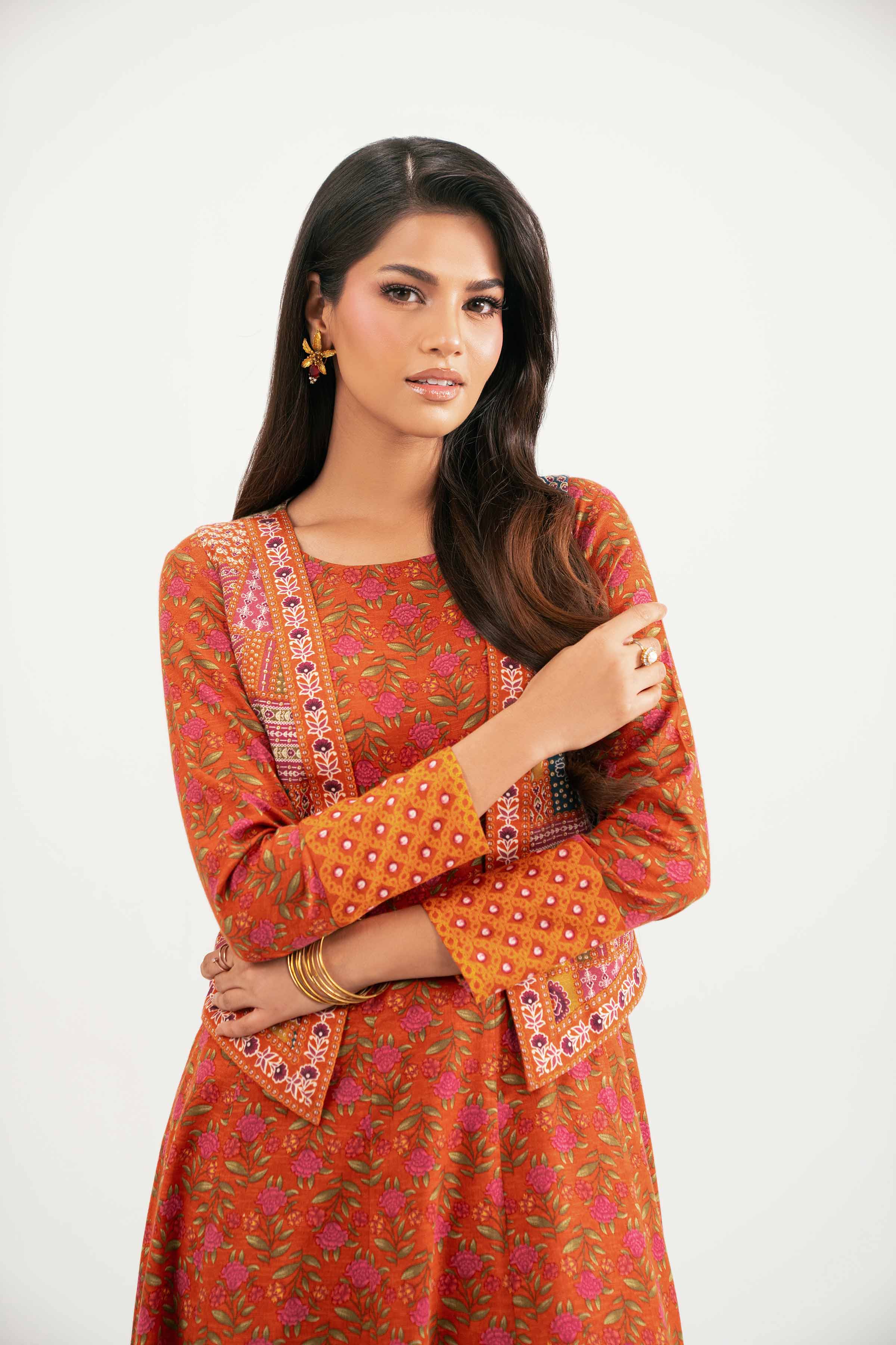 NISHATUAE - Orange Printed Karandi 3-piece Ready to wear Suit