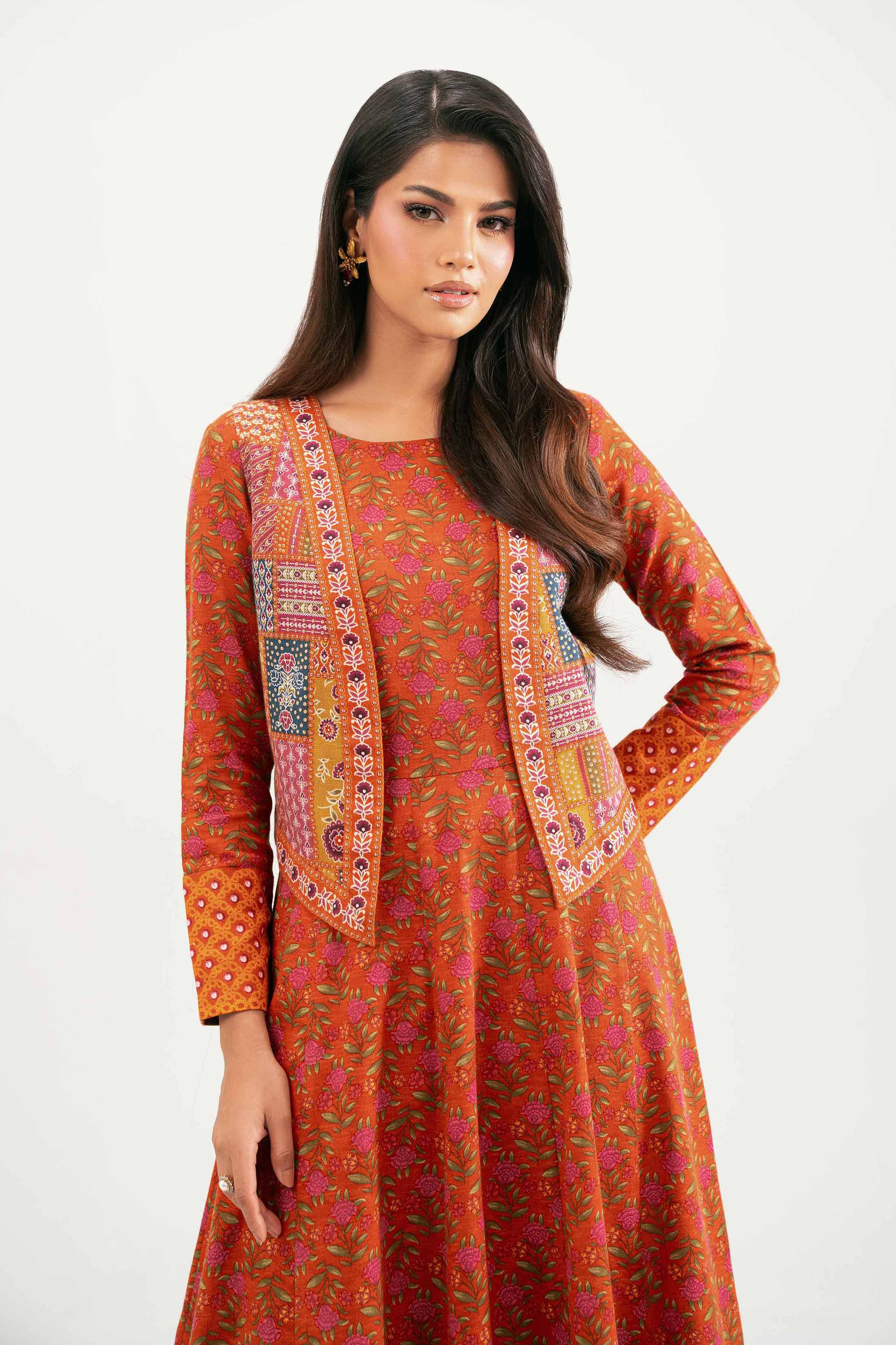 NISHATUAE - Orange Printed Karandi 3-piece Ready to wear Suit