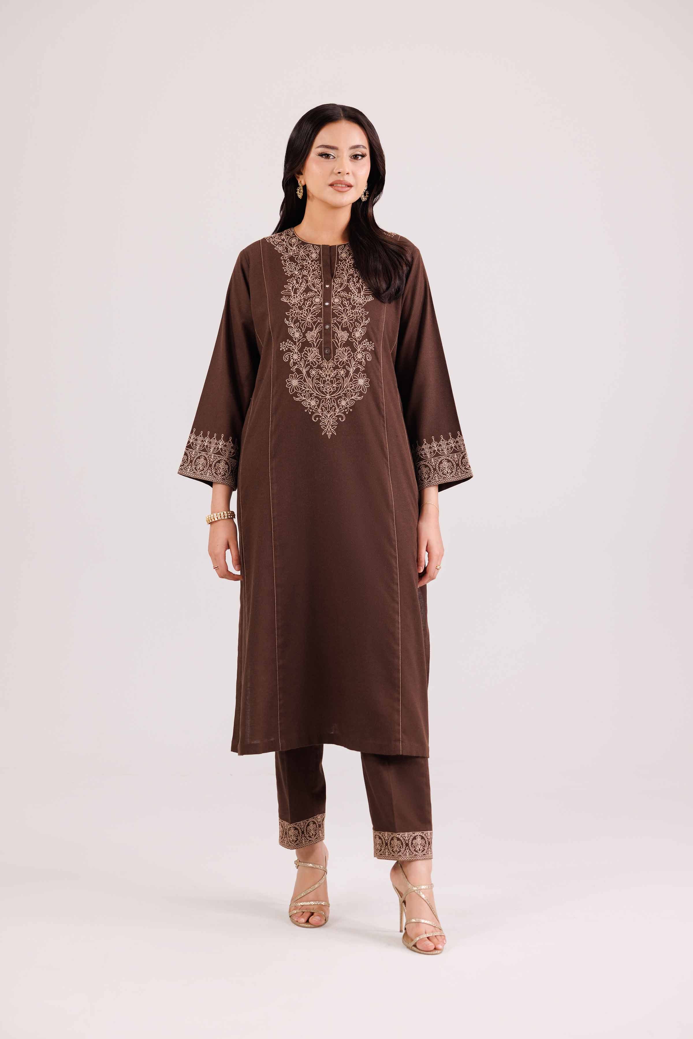 NISHATUAE - Brown Embroidered Karandi 2-piece Ready to wear Dress