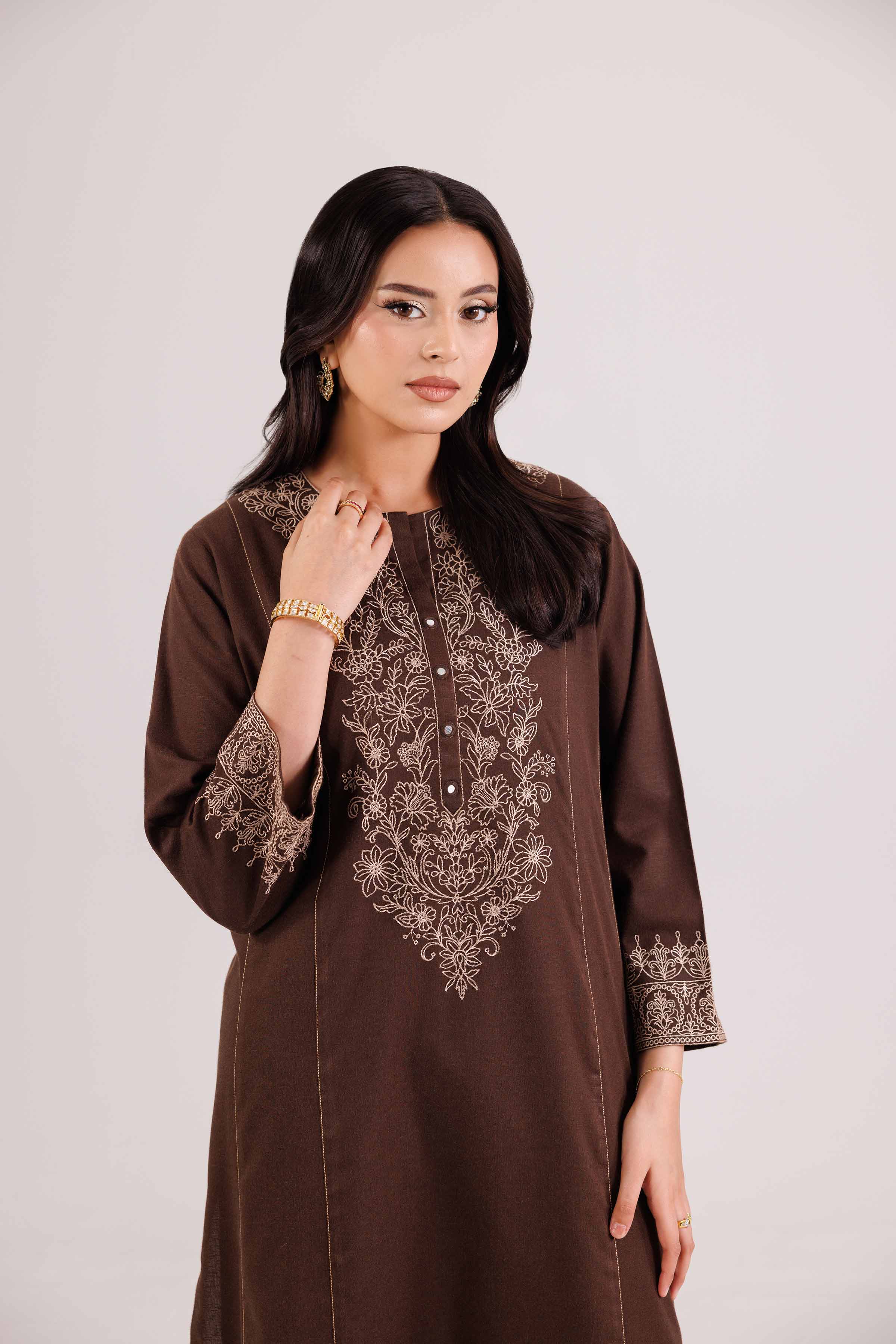 NISHATUAE - Brown Embroidered Karandi 2-piece Ready to wear Dress