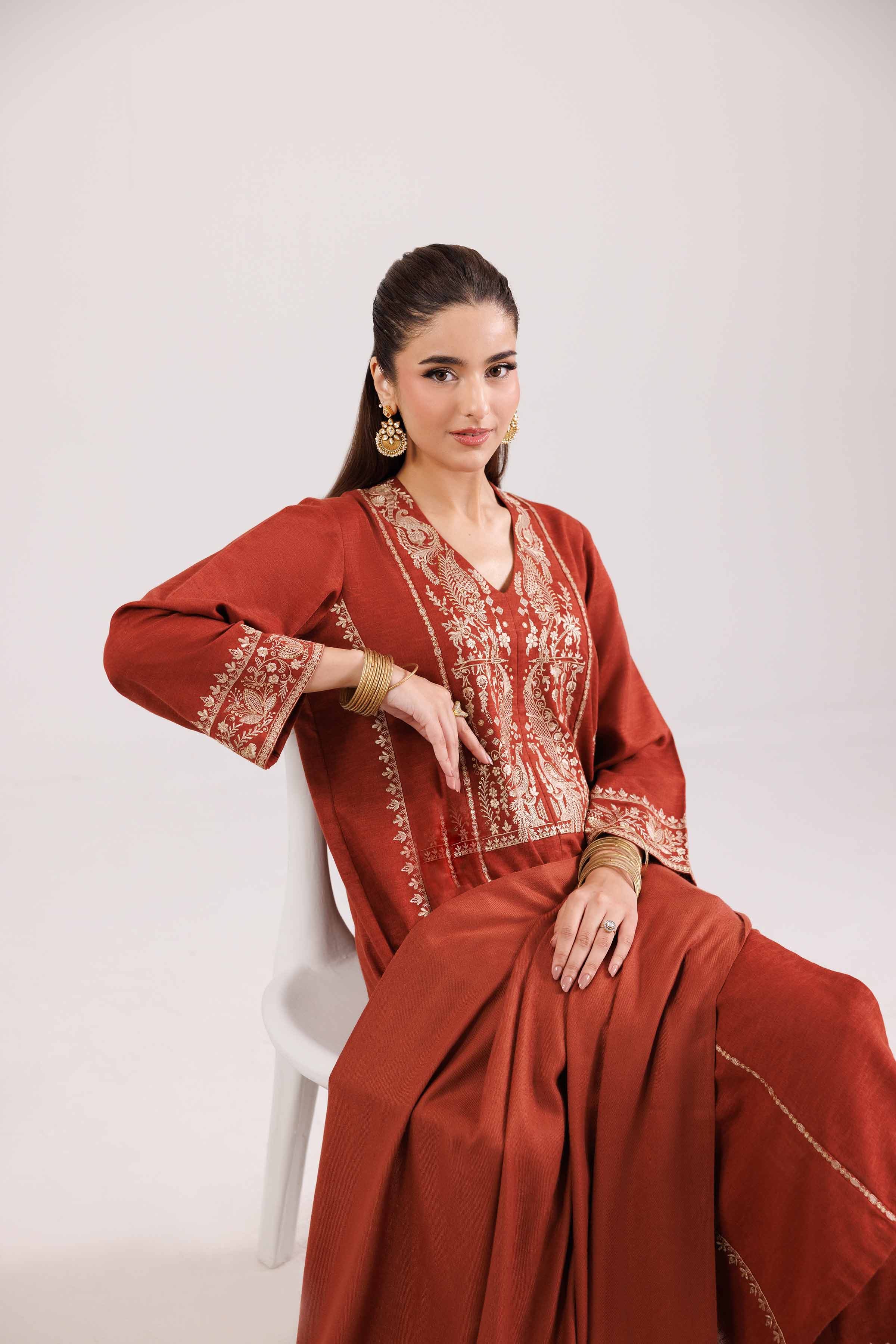 NISHATUAE - Red Embroidered Karandi 3-piece Ready to wear Suit