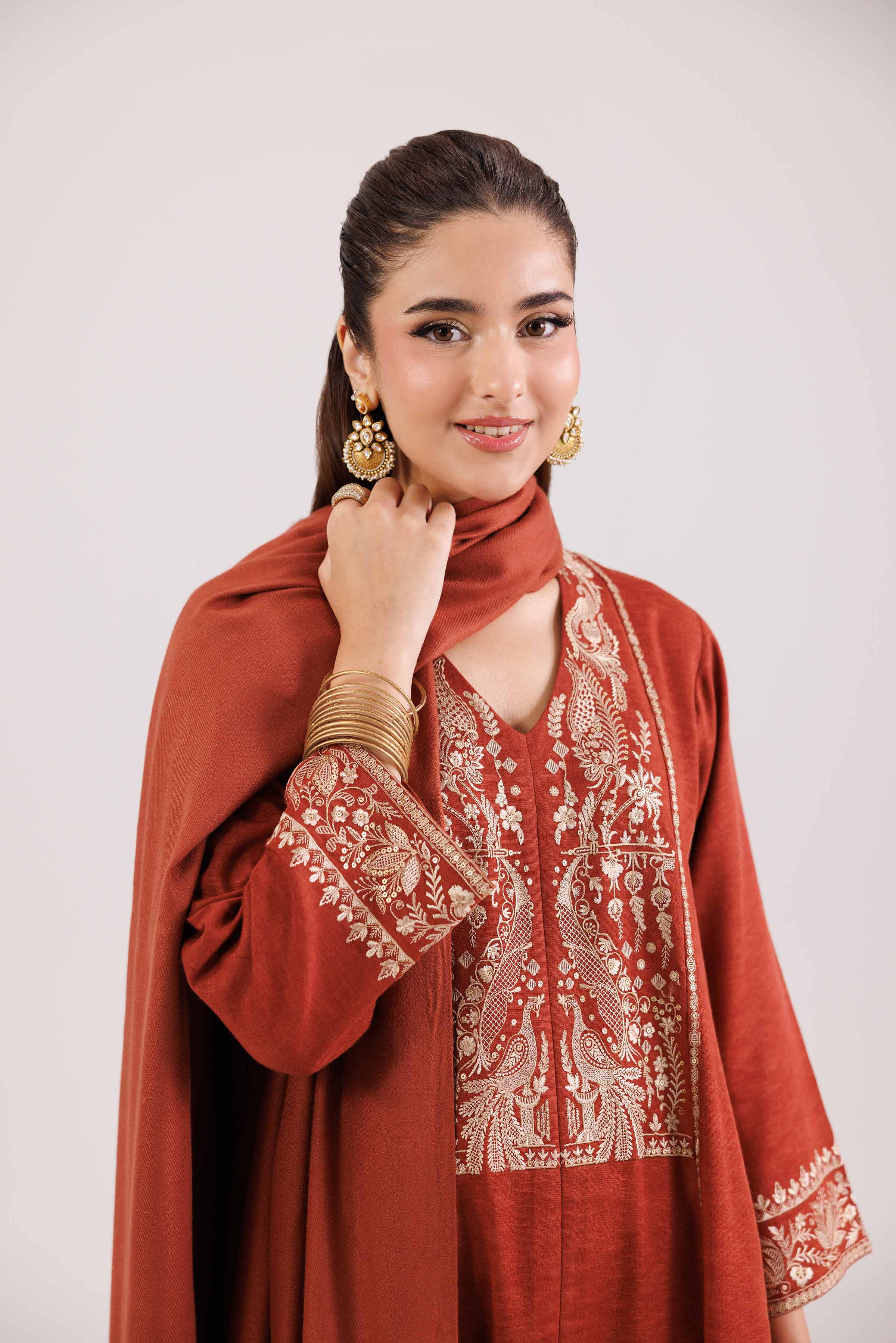 NISHATUAE - Red Embroidered Karandi 3-piece Ready to wear Suit