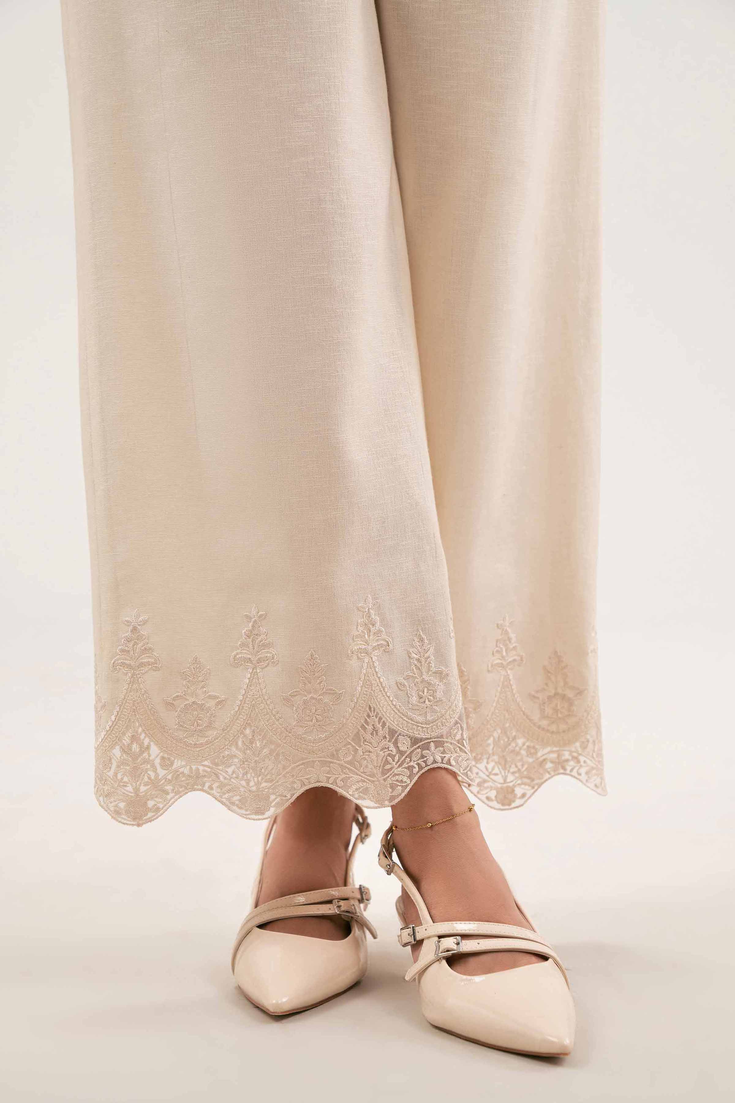 NISHATUAE - White Embroidered Karandi Ready to wear Trousers