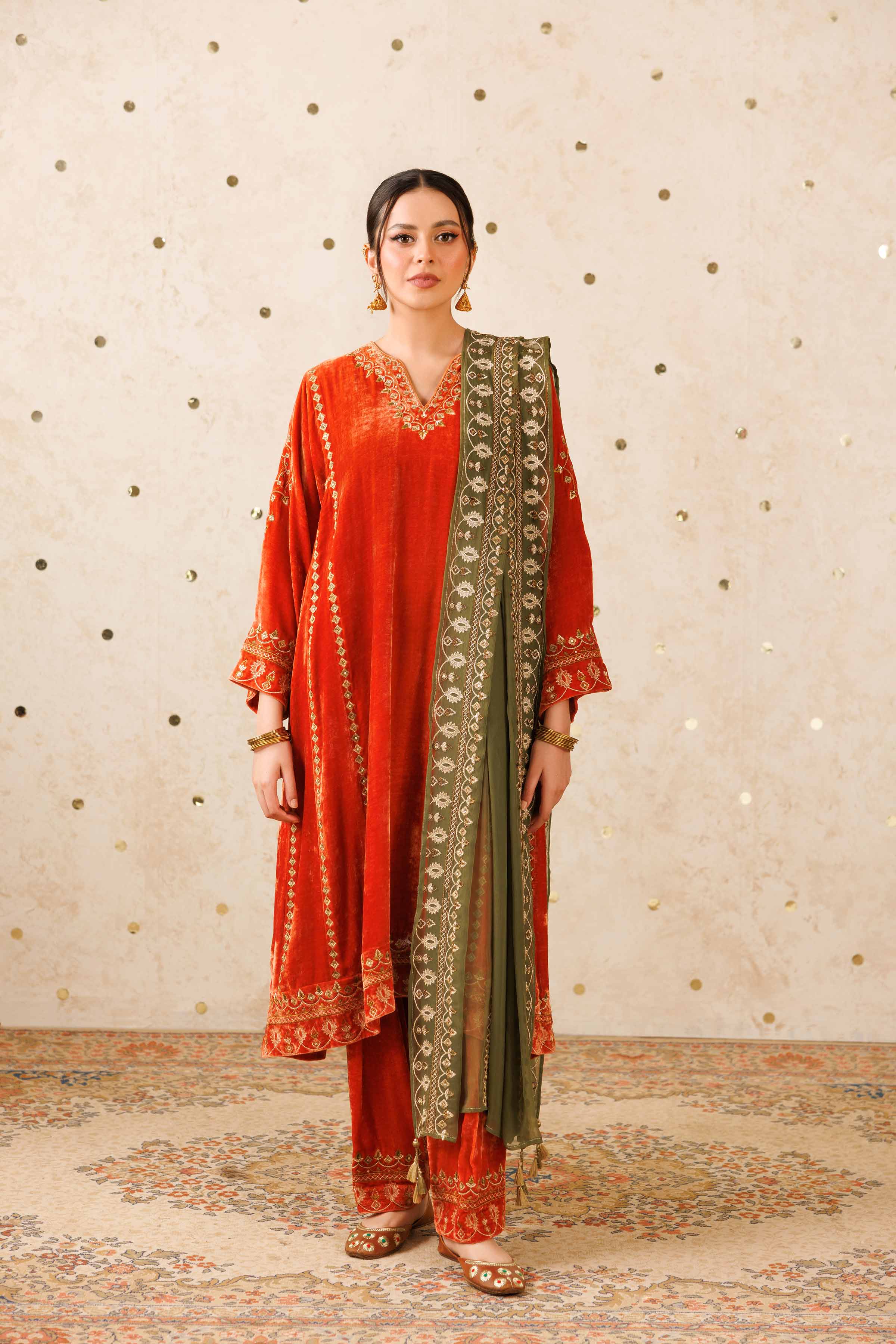 NISHATUAE - Orange Embroidered Velvet 3-piece Ready to wear Suit