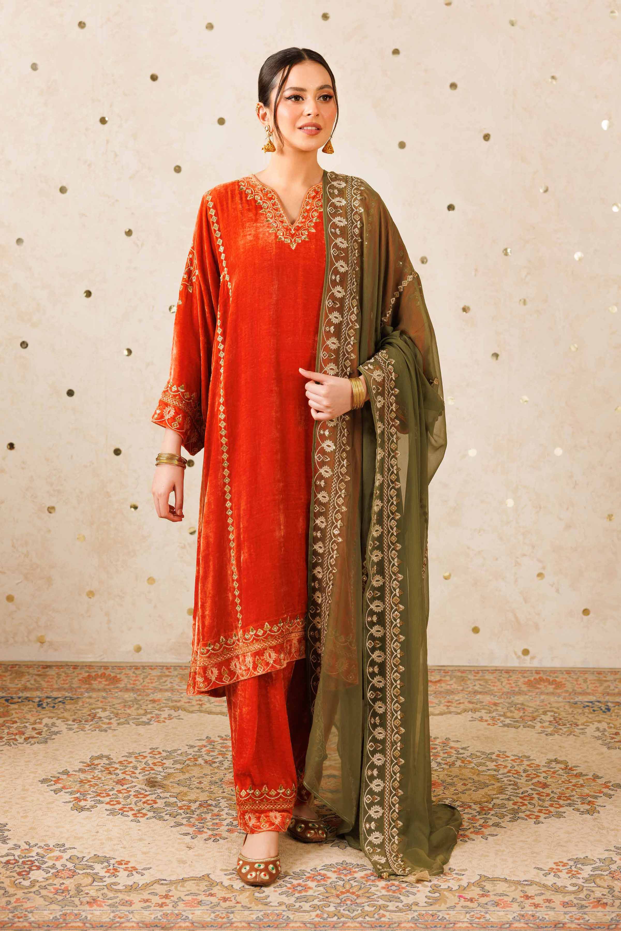 NISHATUAE - Orange Embroidered Velvet 3-piece Ready to wear Suit