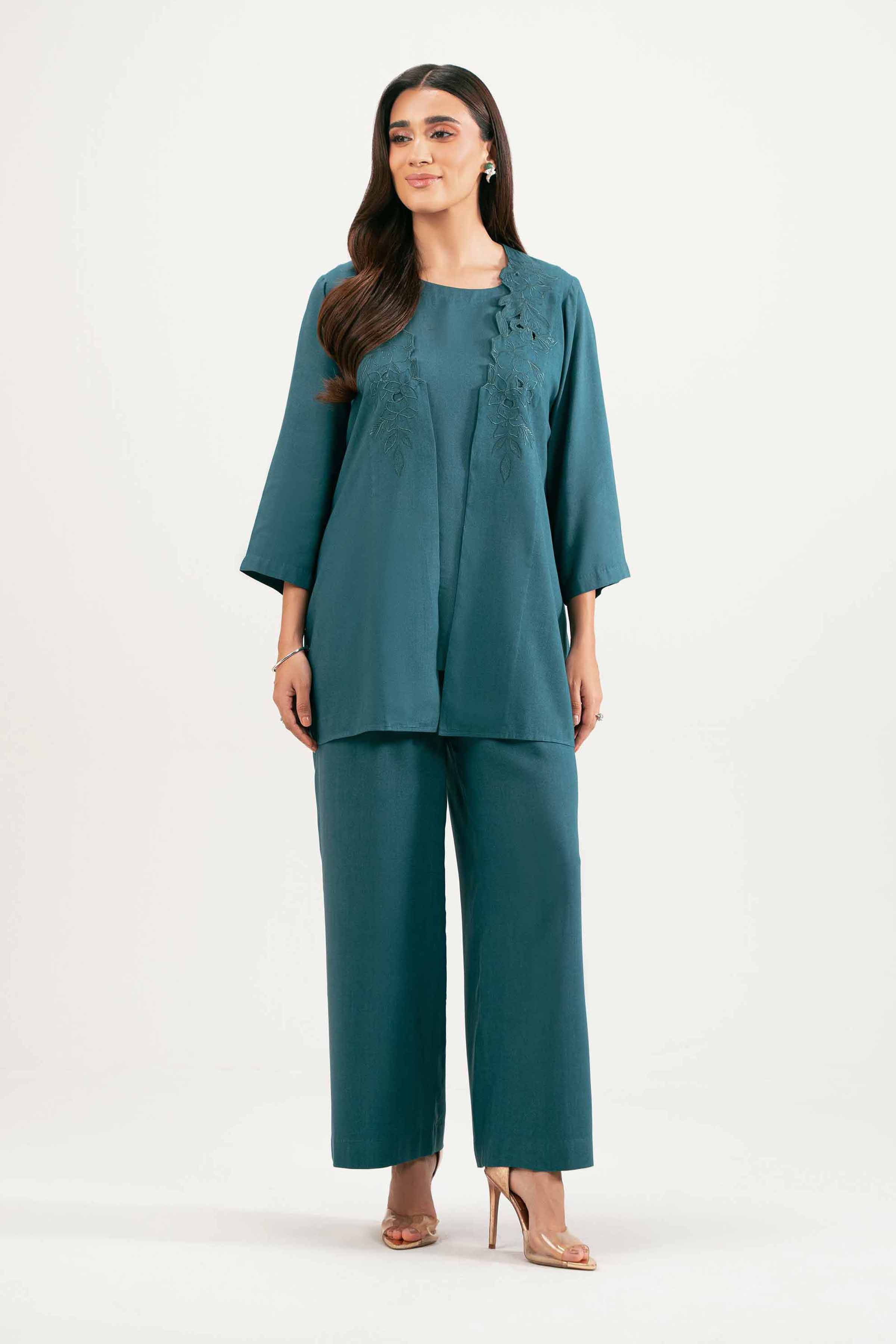 NISHATUAE - Blue Embroidered Linen 3-piece Ready to wear Suit