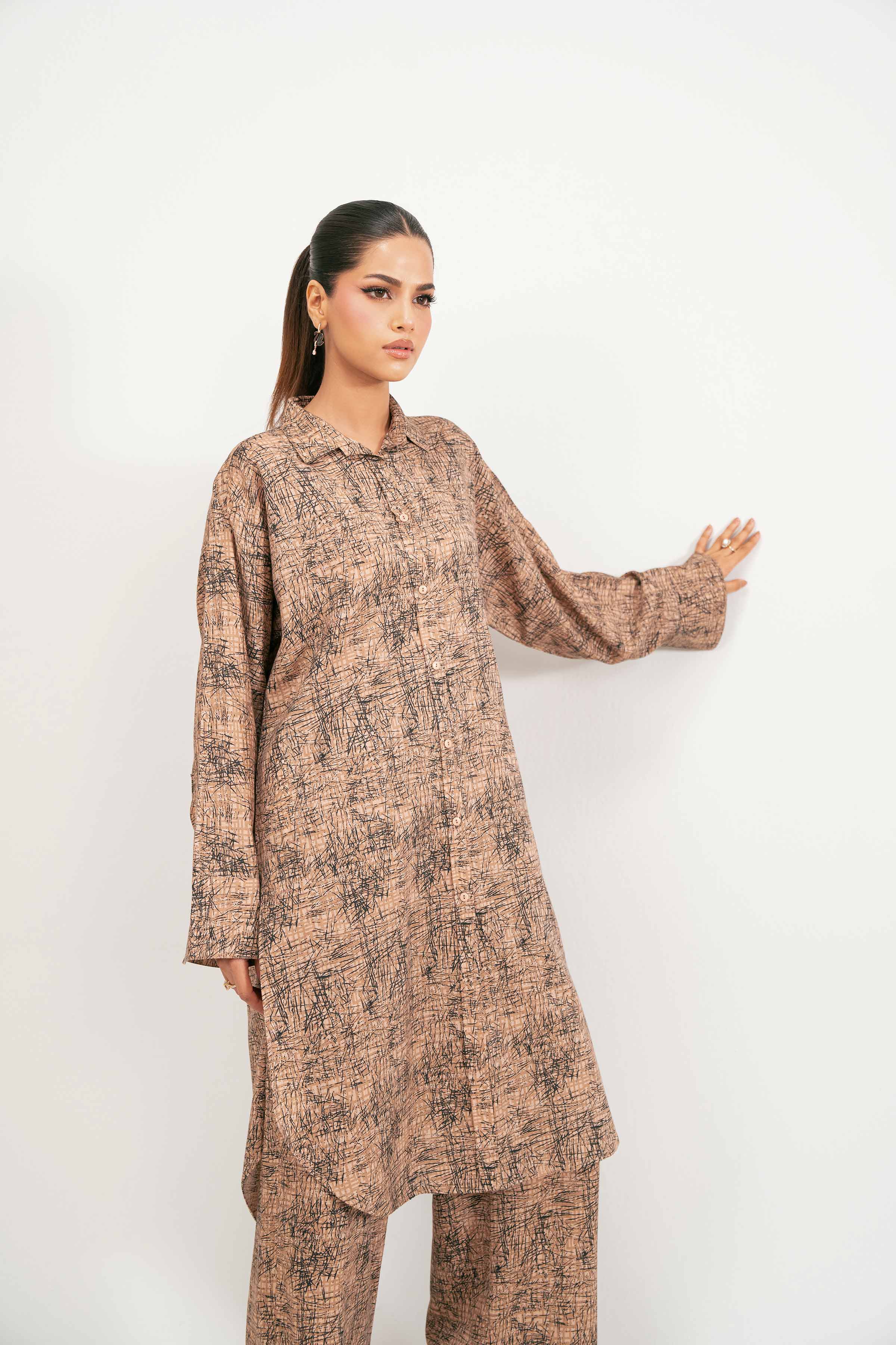 NISHATUAE - Brown Printed Jacquard 2-piece Ready to wear Dress