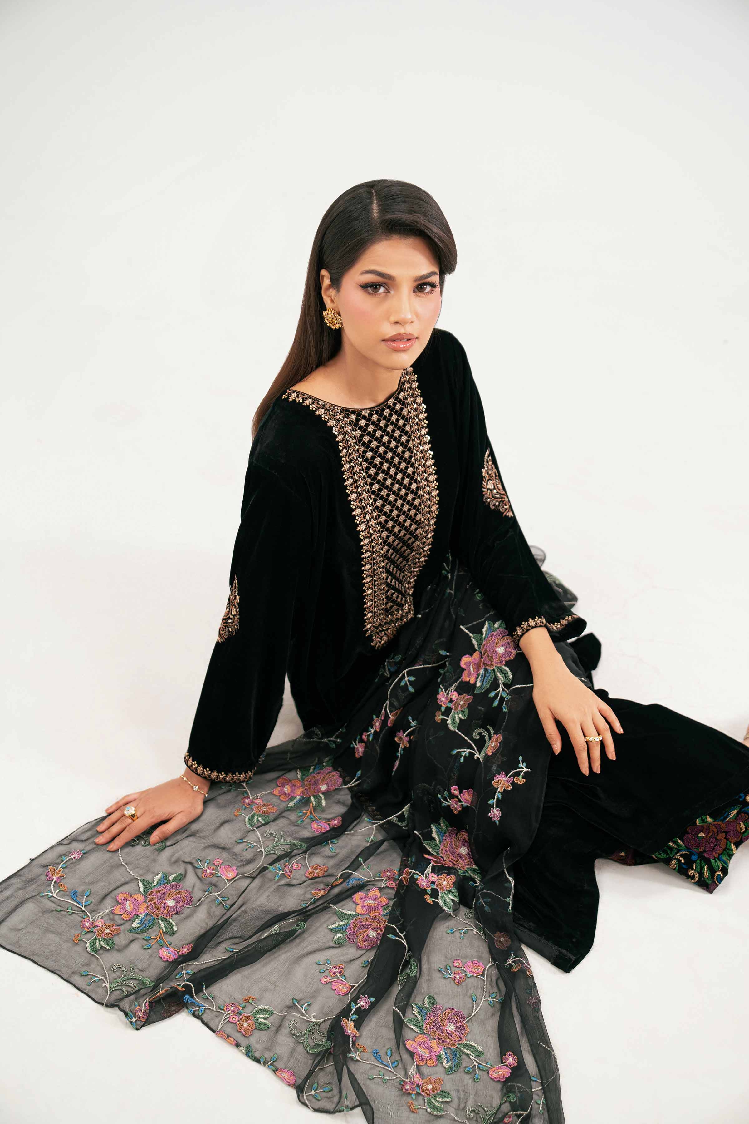 NISHATUAE - Black Embroidered Velvet 3-piece Ready to wear Suit